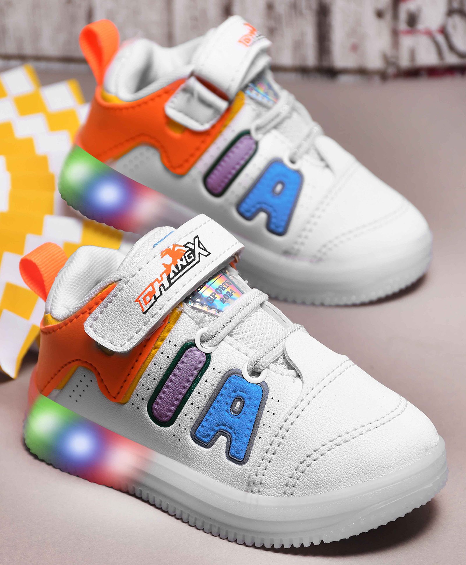 KATS Typography Embroidered & Colour Blocked LED Shoes With Velcro Closure - White-image-29