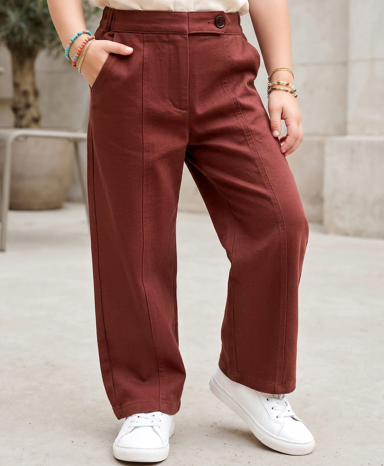 Kookie Kids Cotton Woven Full Length Pleated Wide Leg Lounge Pant With Pockets - Maroon-image-17