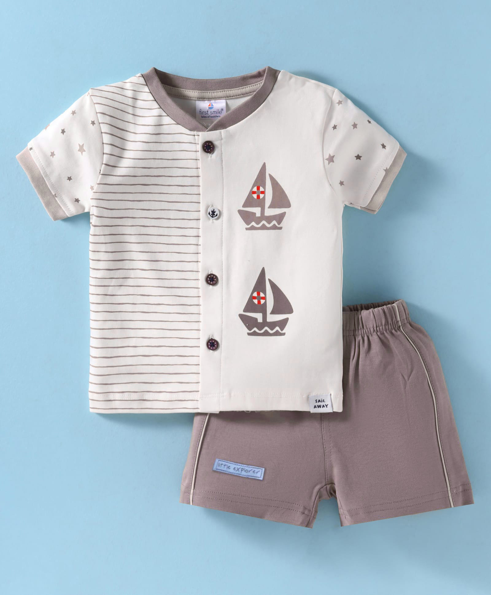 First Smile Interlock Knit Half Sleeves Shorts Night Suit with Boat Print Stripes & Patch - White & Brown-image-49