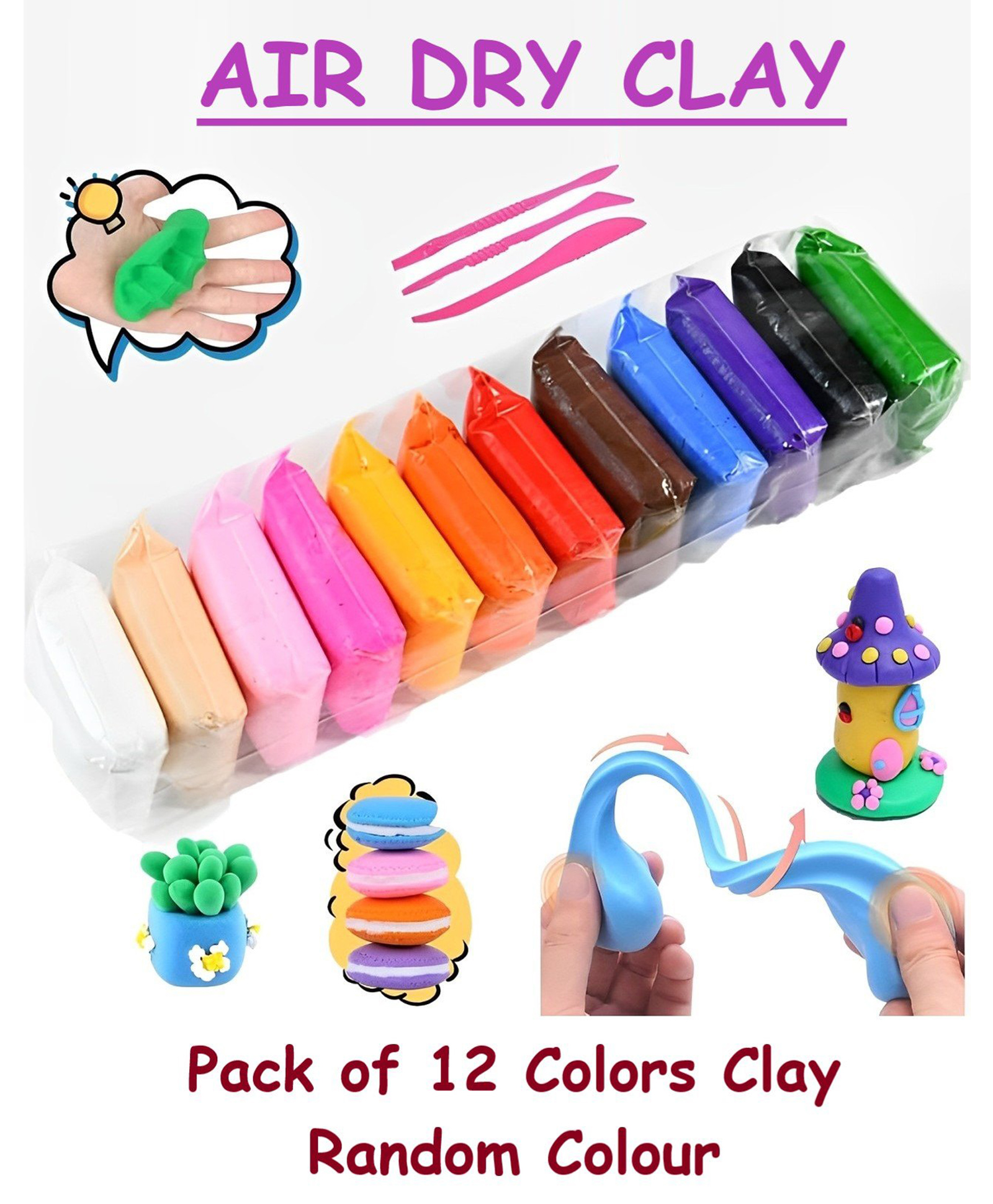 ADKD Packof 12 Air Dry Clay, Colorful Children Soft Clay, Creative Art Crafts, Gifts for Kids-Multi Color. Non-Toxic Modeling Magic Fluffy Foam Bouncing Clay Putty Kit for Kids with Tools - Multicolor-picture-12