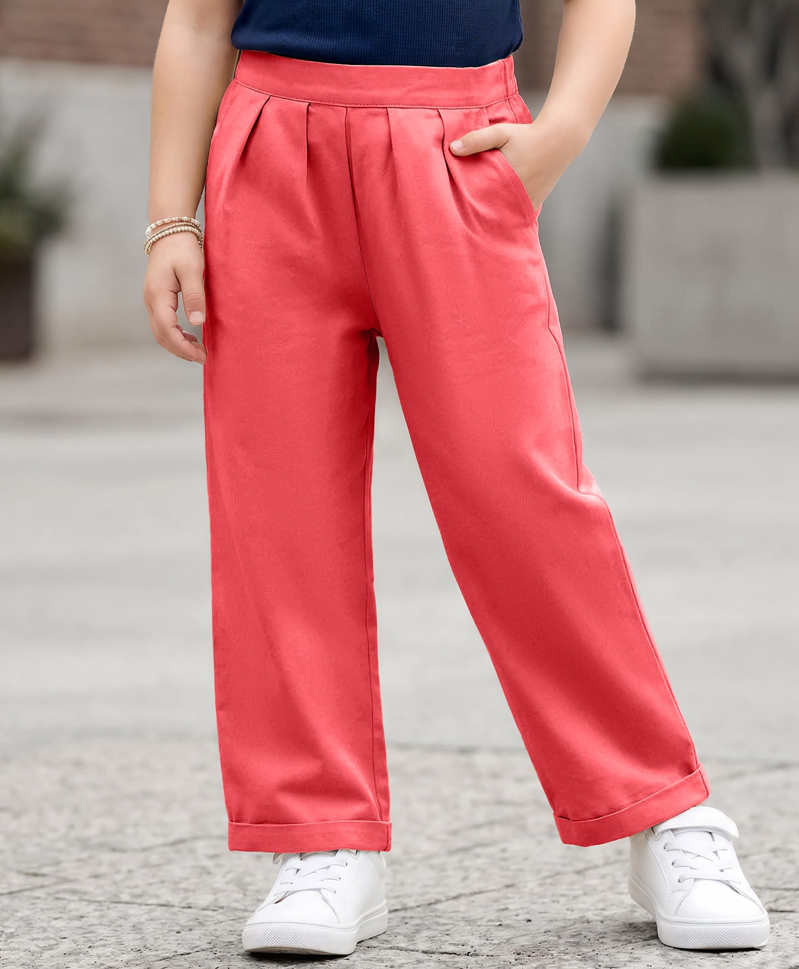 kookie kids india Kookie Kids Cotton Woven Full Length Pleated Wide Leg Lounge Pant With Pockets - Pink-picture-20