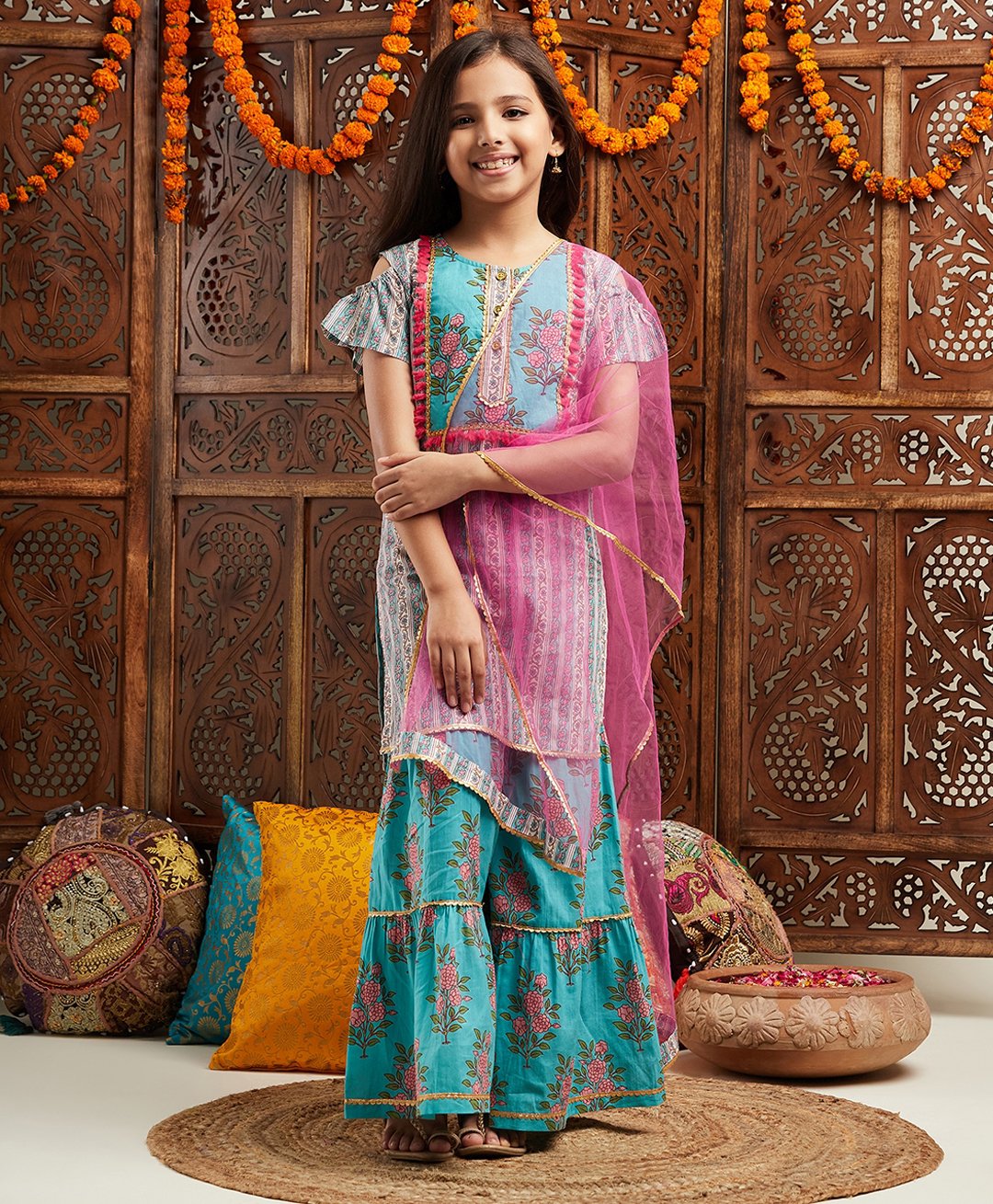 Pspeaches Cotton Half Sleeves Floral Printed Gota Lace Embellished Coordinating Kurta Sharara With Dupatta Set - Blue-picture-11