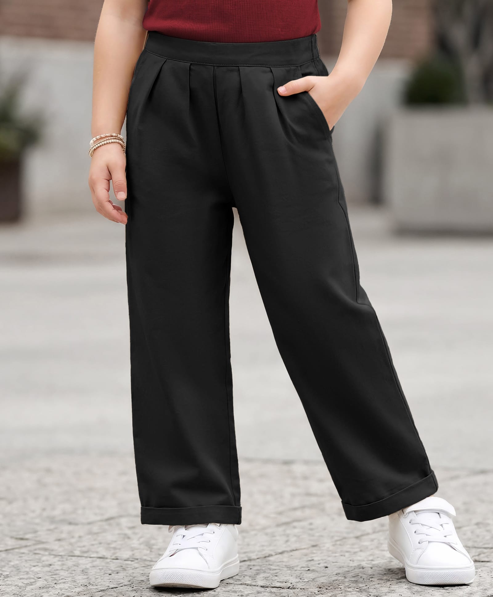 kookie kids india Kookie Kids Cotton Woven Full Length Pleated Wide Leg Lounge Pant With Pockets - Black-picture-14