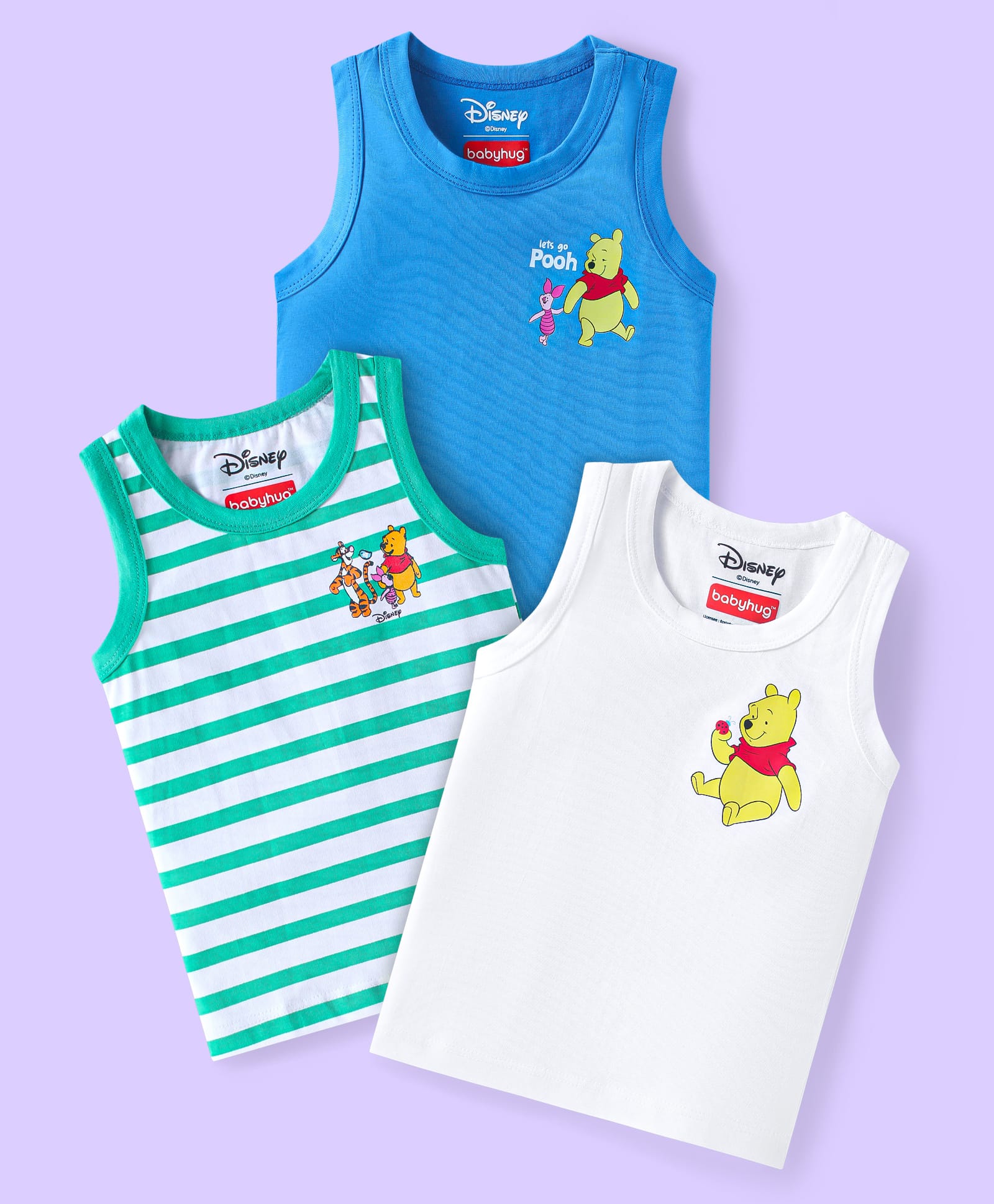 Babyhug Disney Knit Sleeveless Vests With Winnie & Friends Graphics Pack Of 3 - Blue White & Green-image-43