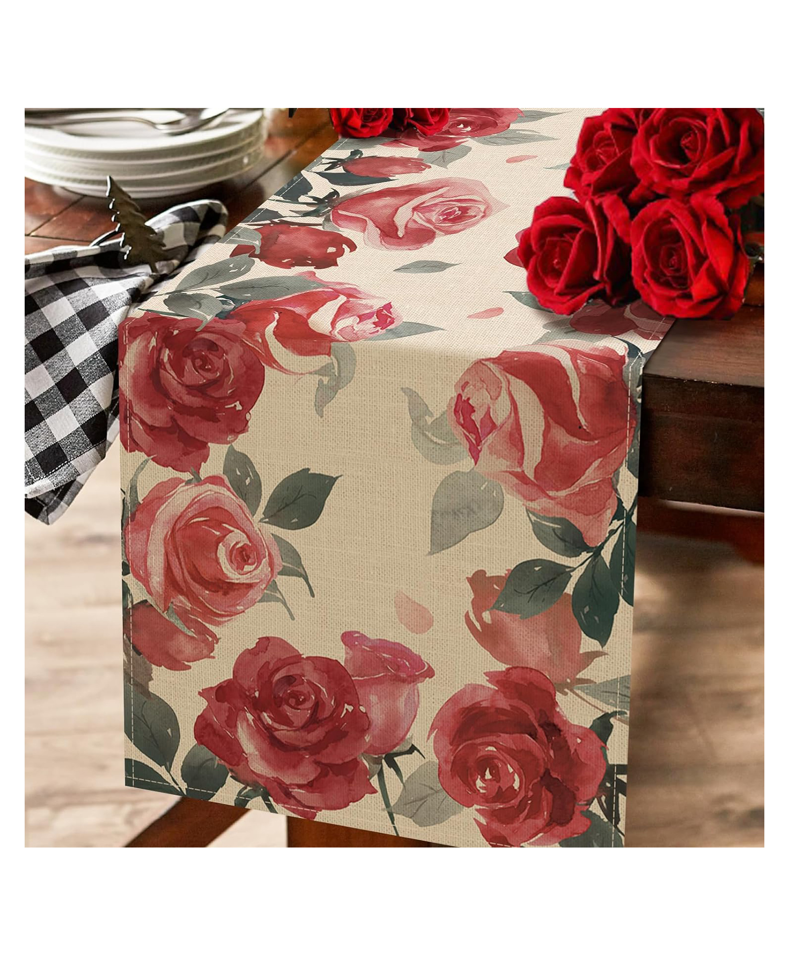 Aazeem Table Runner with Standard Size Velvet Material Rose Design Table Runner for Kitchen Dining Table, Indoor Outdoor Home Party Décor- Red and white, Pack of 1-image-47