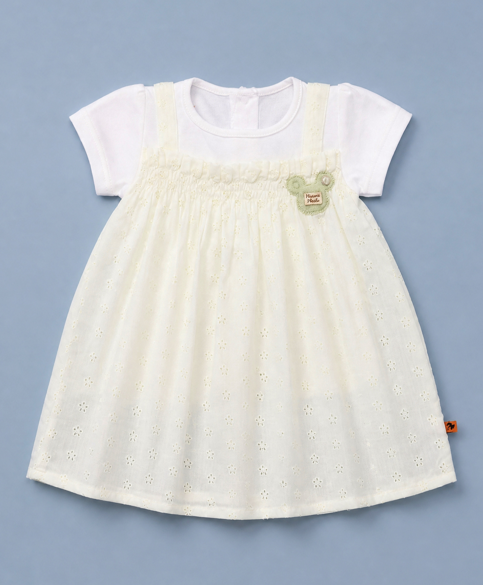 Dew Drops Cotton Woven Half Sleeves Frock With Floral Embroidery & Patch Detailing - Light Green & White-image-37
