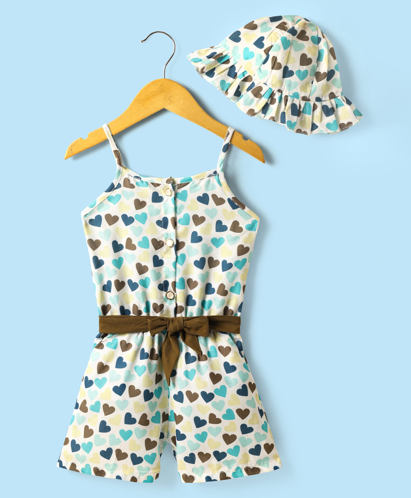 Dew Drops Poplin Woven Sleeveless Hearts Printed Jumpsuit with Hat & Fabric Belt - Aqua Blue-picture-21
