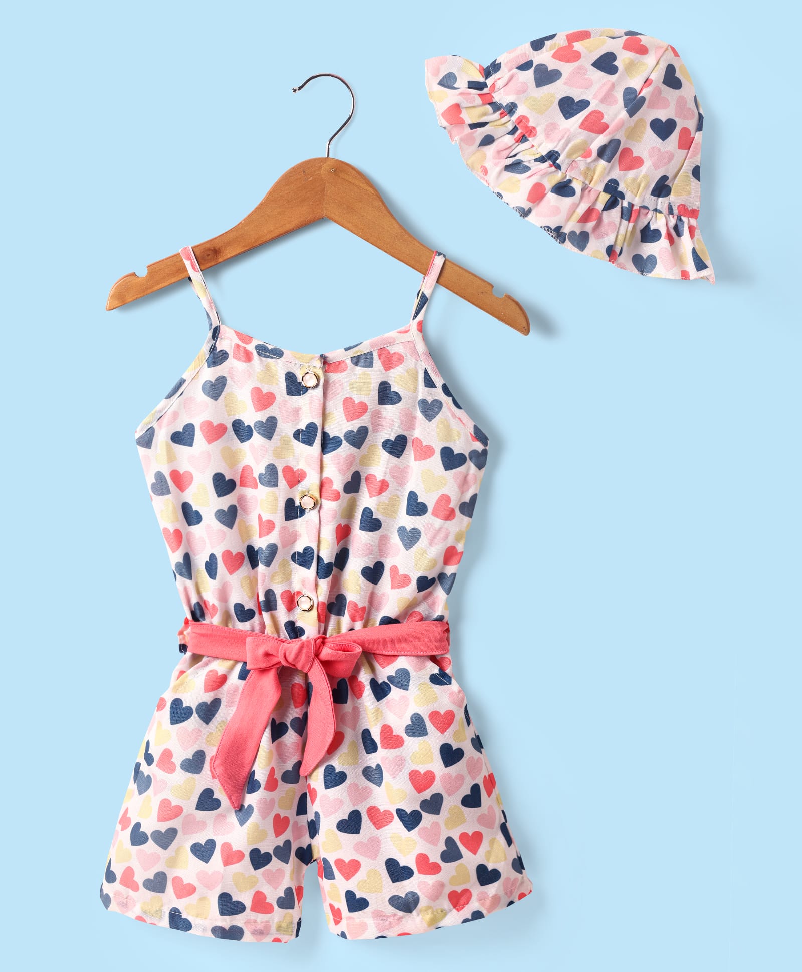 Dew Drops Poplin Woven Sleeveless Hearts Printed Jumpsuit with Hat & Fabric Belt - Peach-image-3