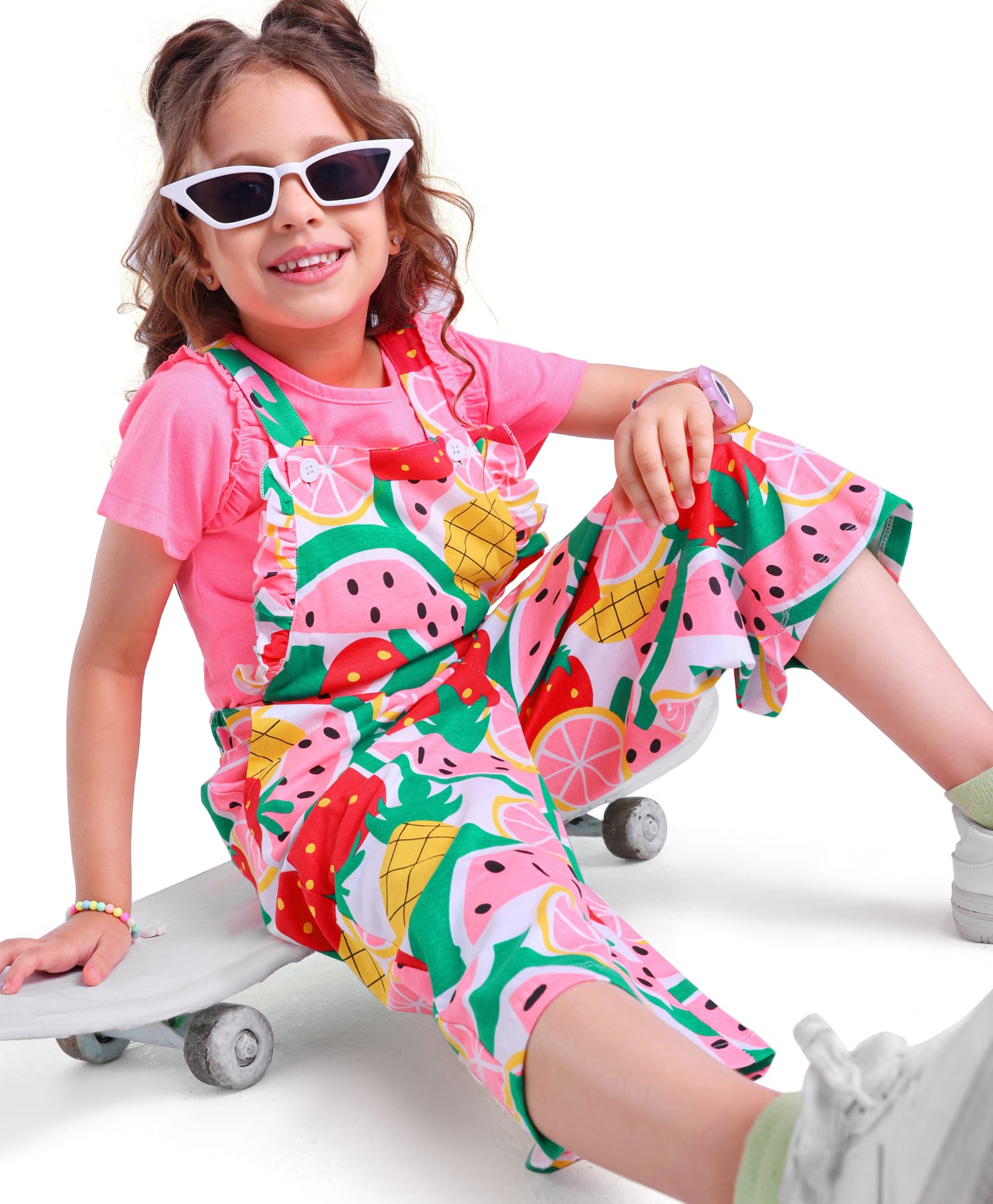 Ollington St. 100% Cotton Knit Fruits Printed Dungaree & Half Sleeves Text Printed Inner Top - Pink-picture-25