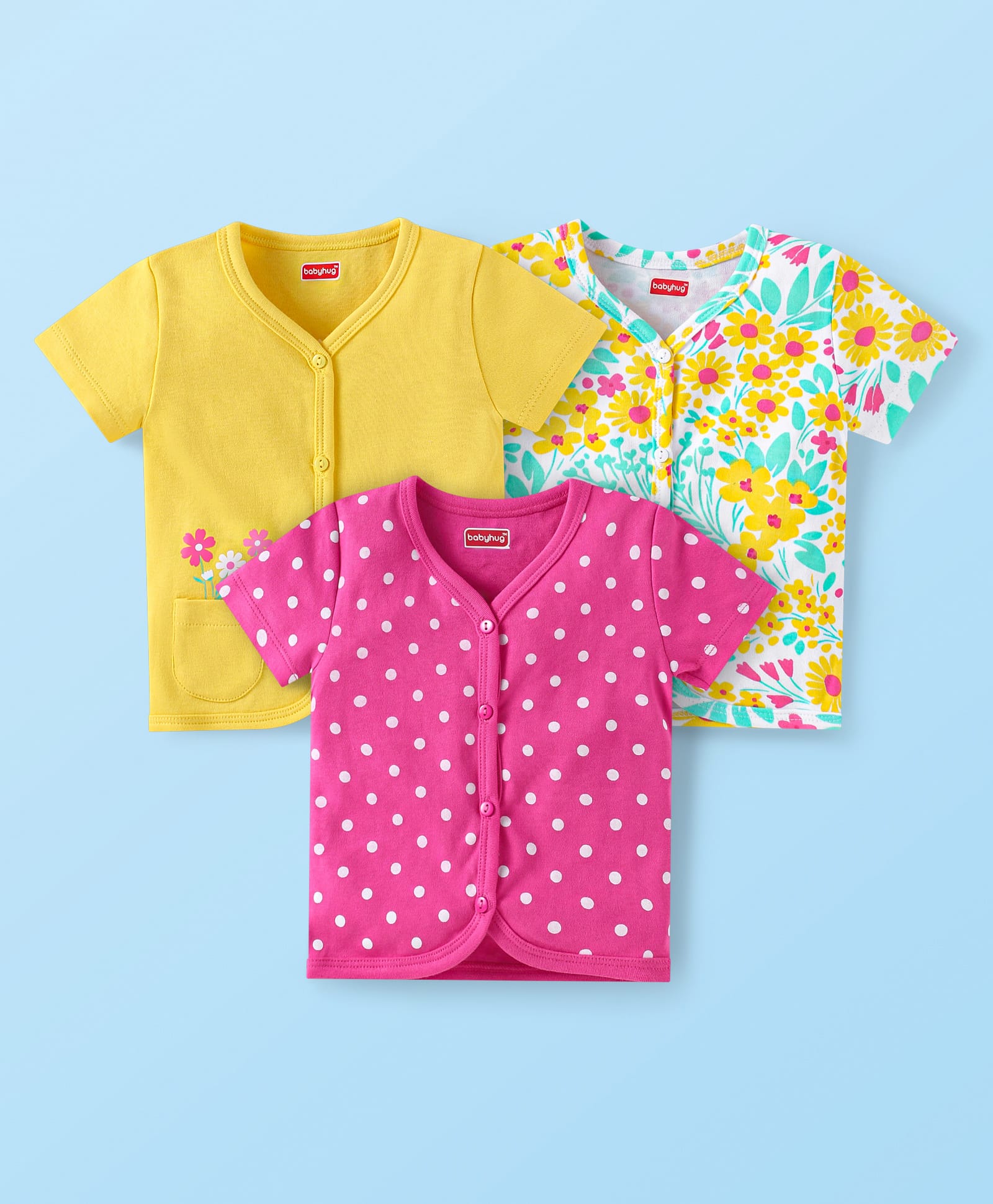Babyhug 100% Cotton Knit Half Sleeves Front OpenVests with Floral & Polka Dots Print Pack of 3 - Pink Yellow & Mint Green-picture-27
