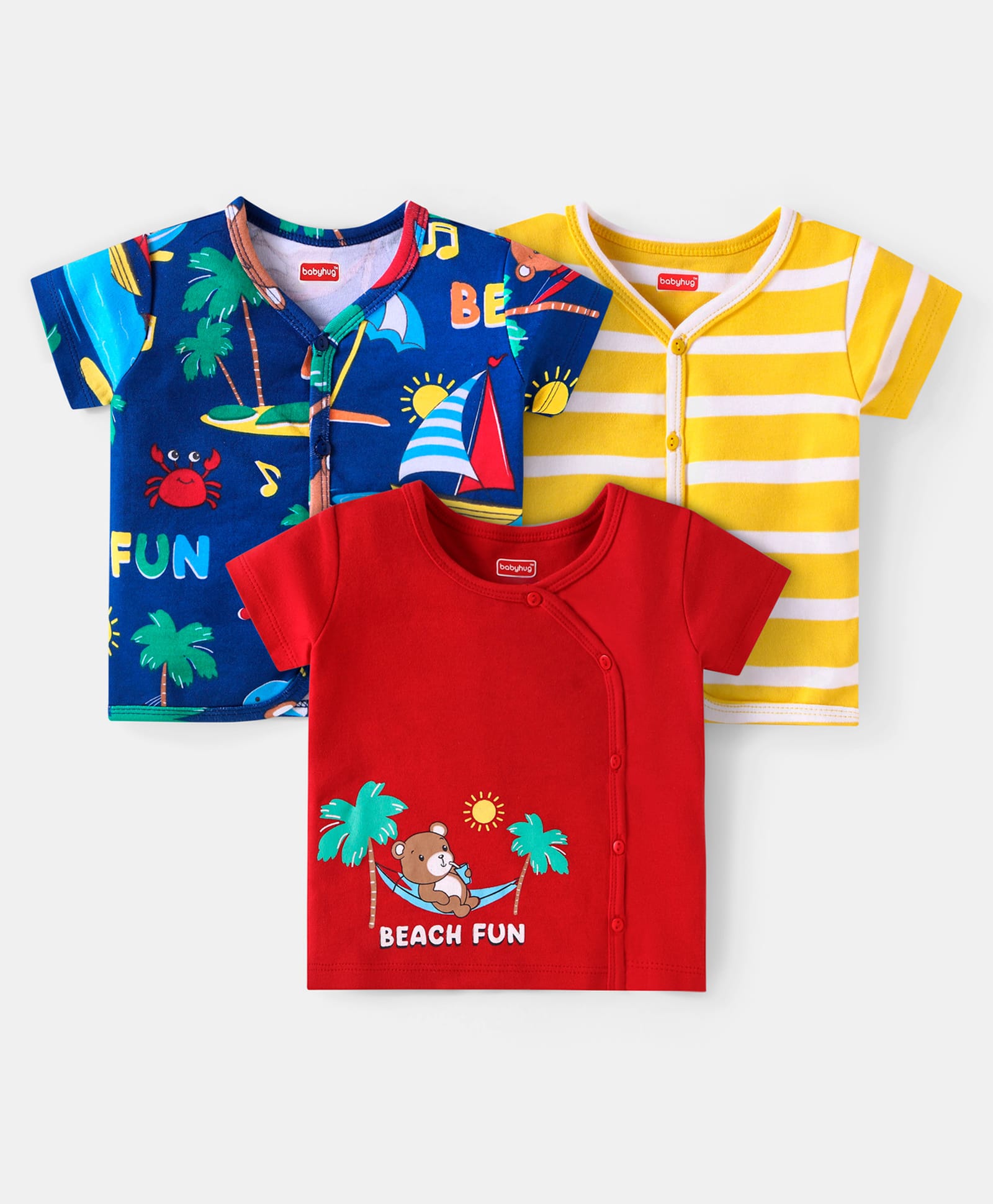 Babyhug 100% Cotton Knit Half Sleeves Front Open Vests With Stripes & Beach Theme Print Pack of 3 - Yellow Red & Navy Blue