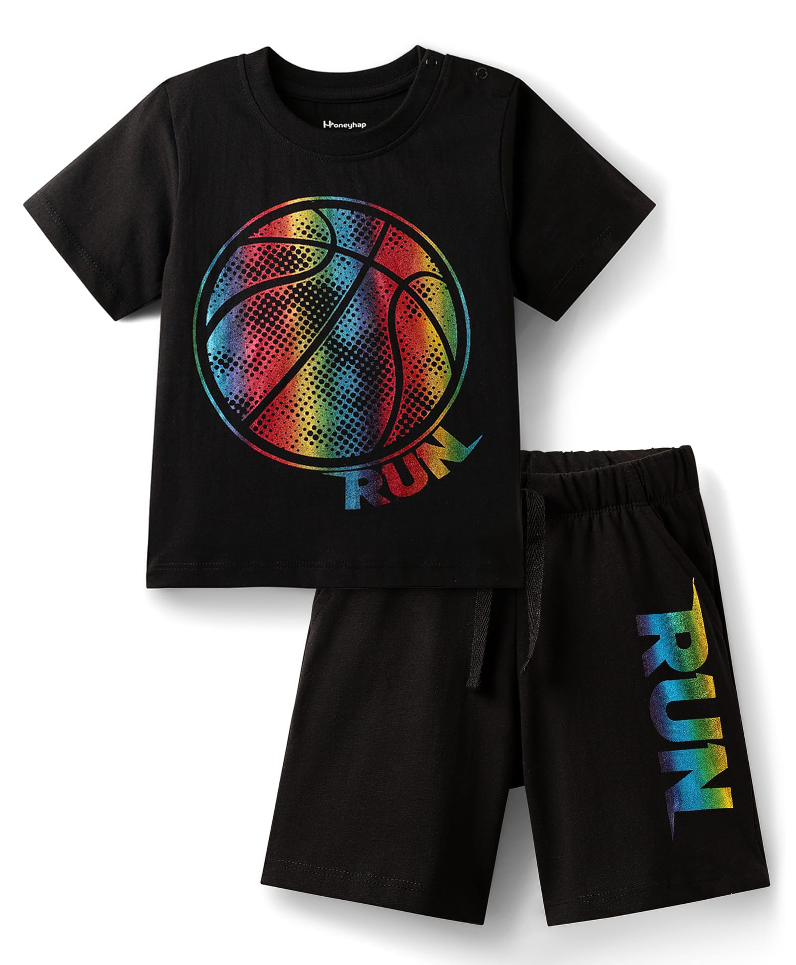 Honeyhap Premium 100% Cotton Knit With Bio Finish Half Sleeves Shorts Night Suit With Basketball Print - Black Beauty-image-37