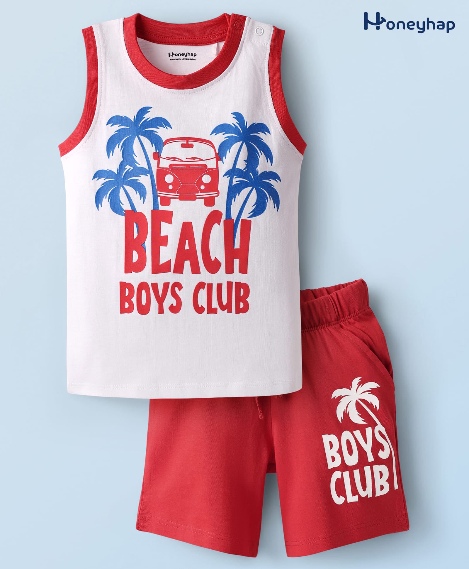 Honeyhap Premium100% Cotton Knit With Bio Finish Sleeveless Shorts Nightsuit with Beach Theme Print - Bright White & High Risk Red-image-42