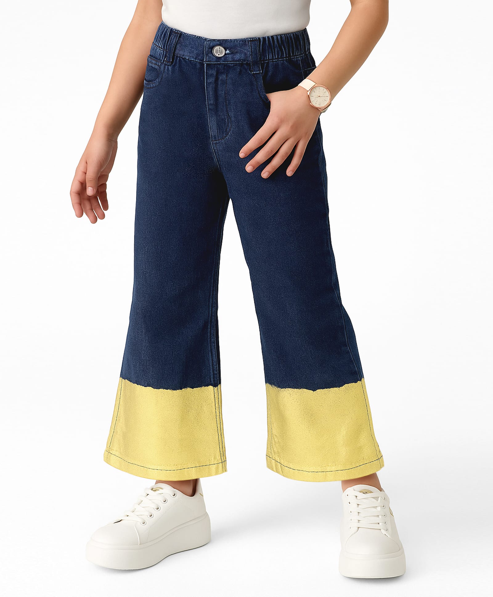 arias by lara dutta Arias Cotton Woven Ankle Length Bell Bottom Jeans With Gold Foil Print - Navy Blue-picture-16