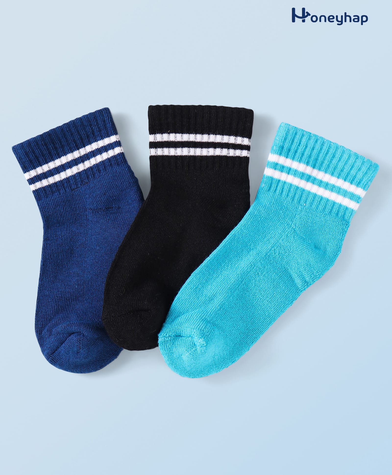 Honeyhap Premium Cotton Bamboo Spandex Knit Ankle Length Striped Socks with Bio Finish Pack of 3 - Navy Black Light Blue-image-19