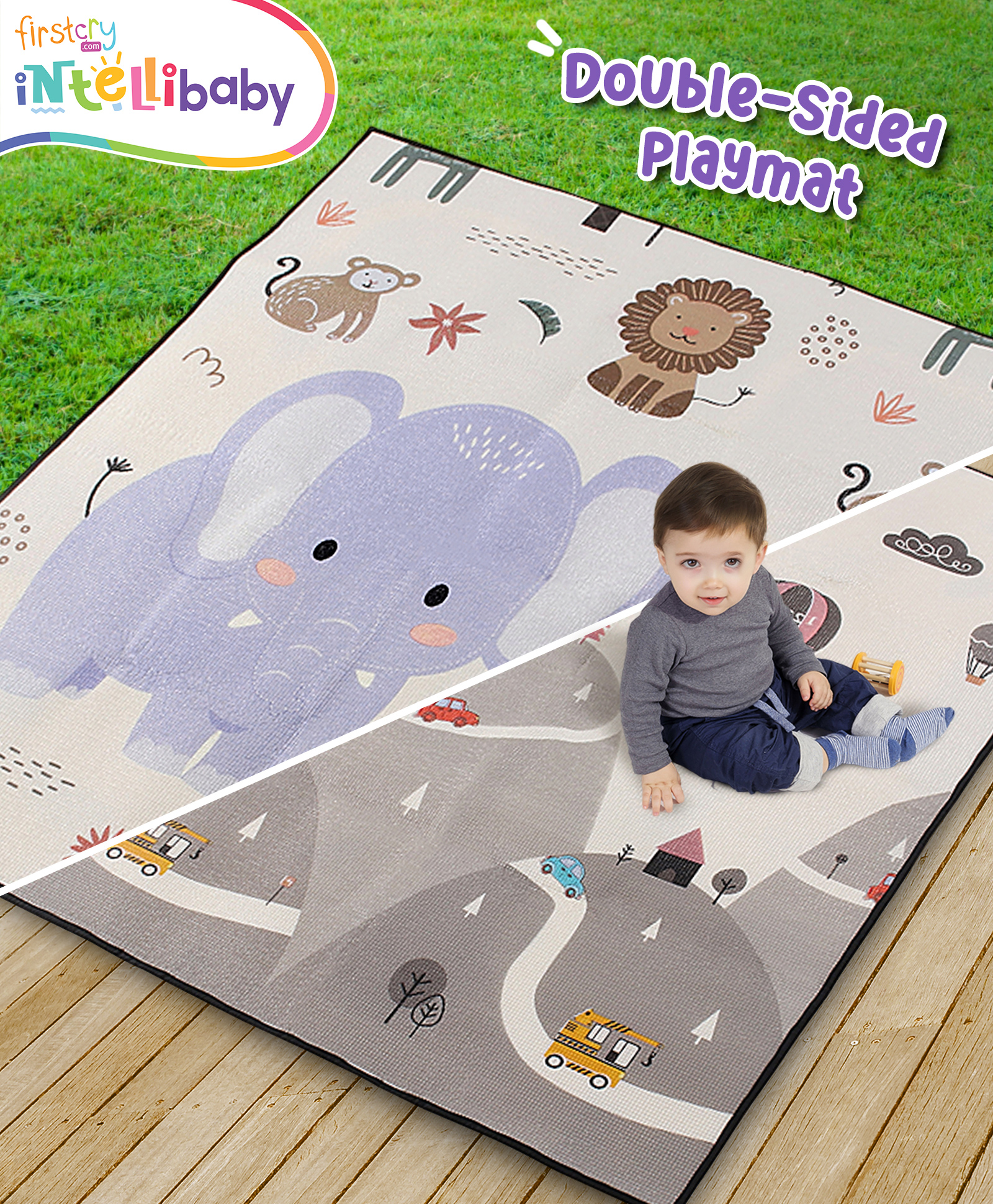 Intellibaby Elephant & Jungle Friends Educational Play Mat for Kids | Soft | Boosts Creativity | Non-Toxic | Waterproof | Anti-Skid | Large Size | Lightweight | Reversible | Easy to Clean | Perfect for Babies & Toddlers | Paediatrician Approved