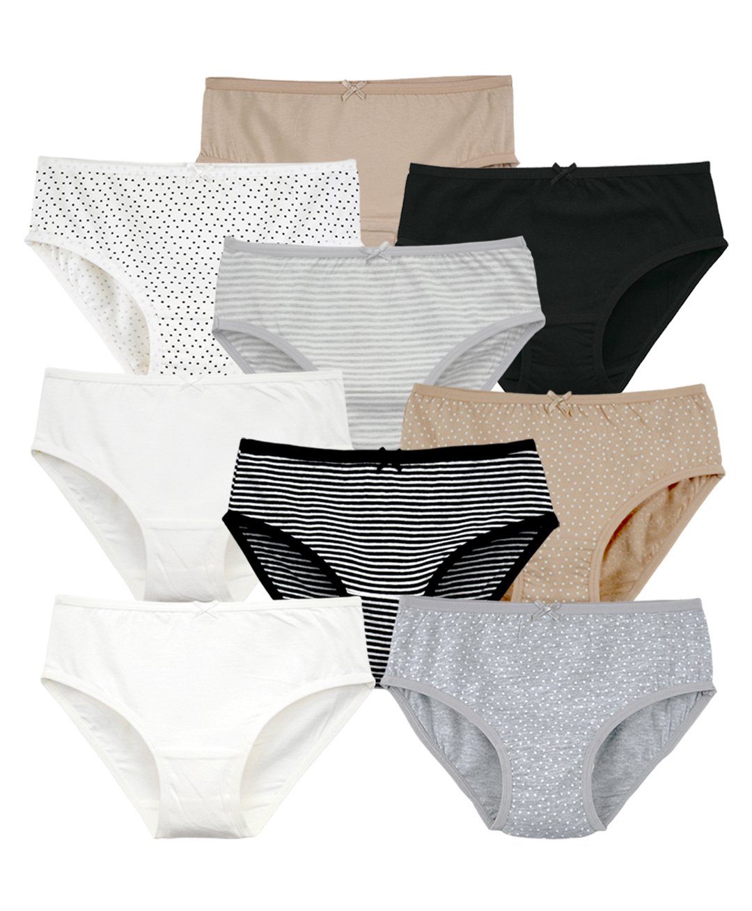 Charm n Cherish Pack Of 9 Polka Dots Printed & Striped Panties - White Grey Nude & Black-image-21