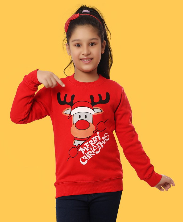 Ninos Dreams Fleece Christmas Theme Full Sleeves Reindeer Printed Sweatshirt - Red-image-7