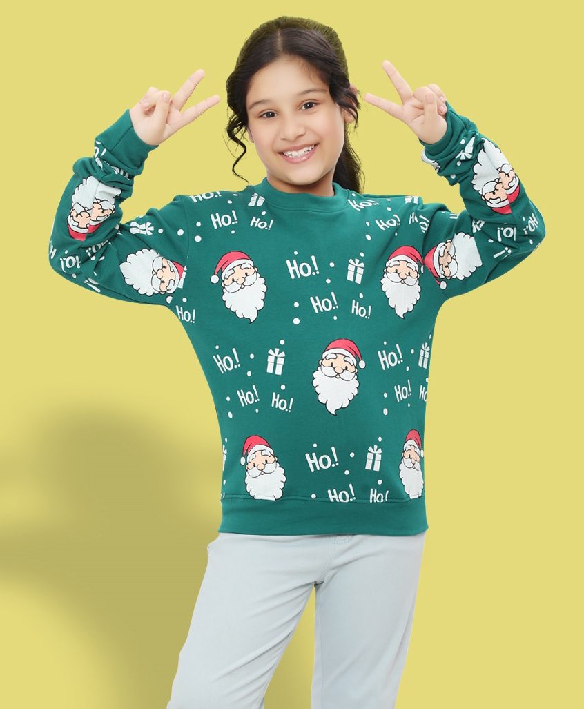 Ninos Dreams Fleece Christmas Theme Full Sleeves Santa Claus Printed Sweatshirt - Green-picture-15