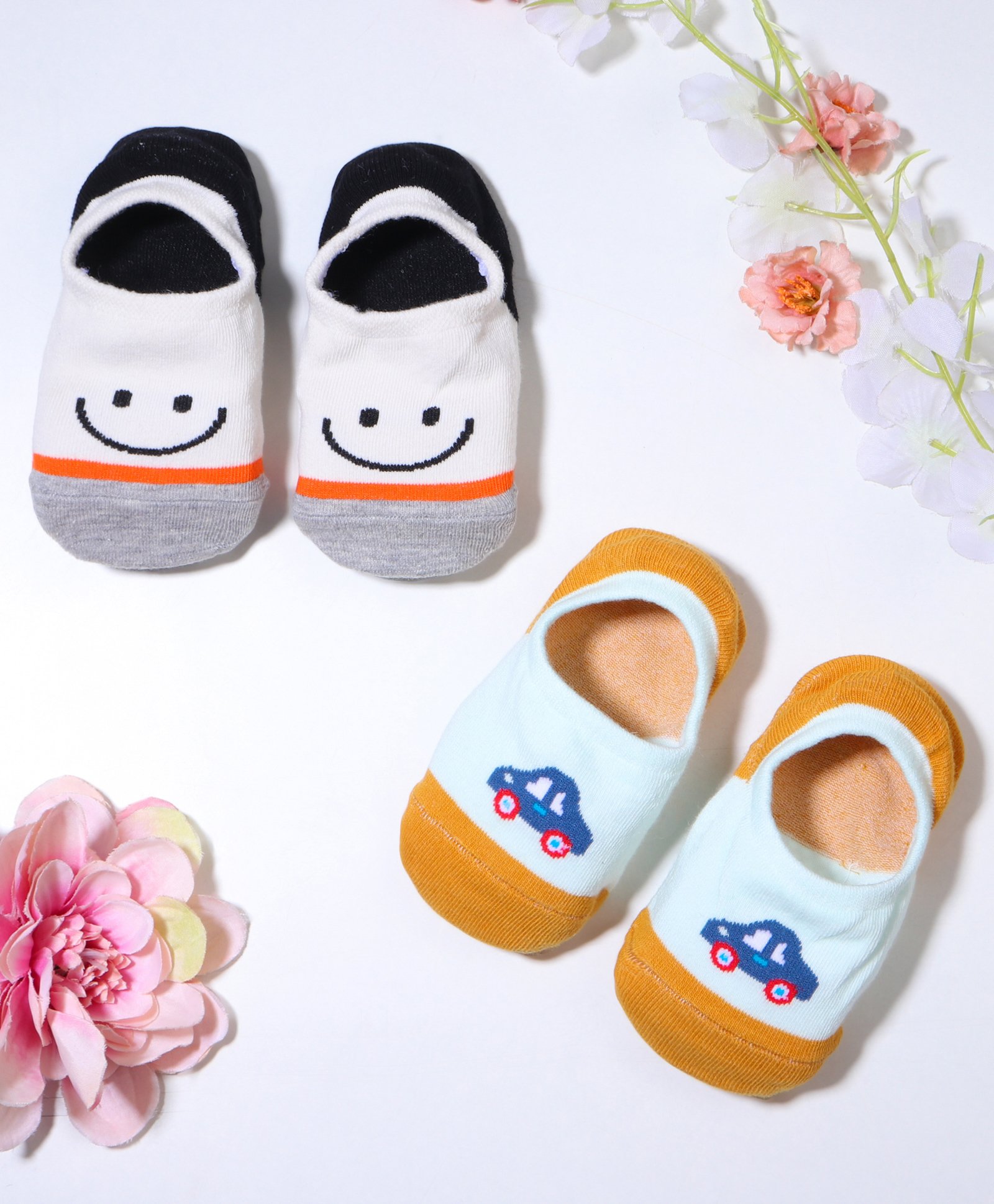 KIDLINGSS Cotton Pack Of 2 Car & Smiley Designed Anti Skid Loafer Socks - Yellow & White-picture-20