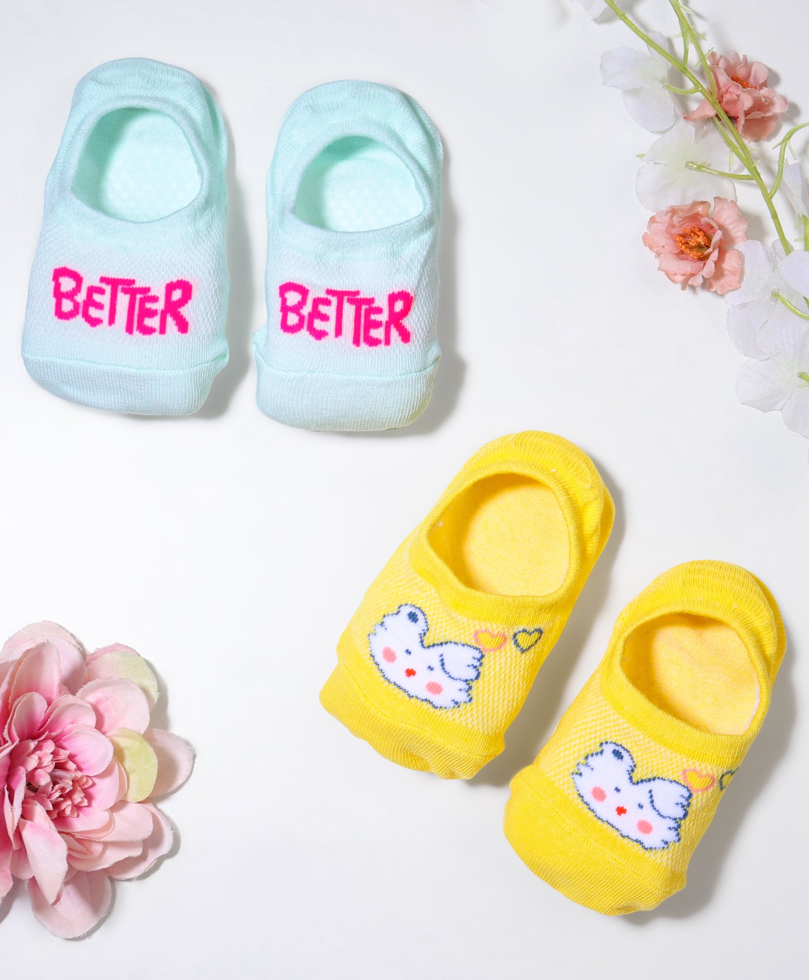 KIDLINGSS Cotton Pack Of 2 Better Text & Sheep Designed Anti Skid Loafer Socks - Sea Green & Yellow-picture-26