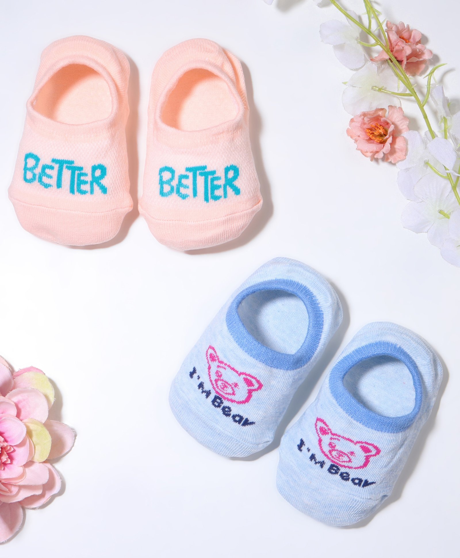 KIDLINGSS Cotton Pack Of 2 Better Text & Bear Designed Anti Skid Loafer Socks - Blue & Peach-image-33