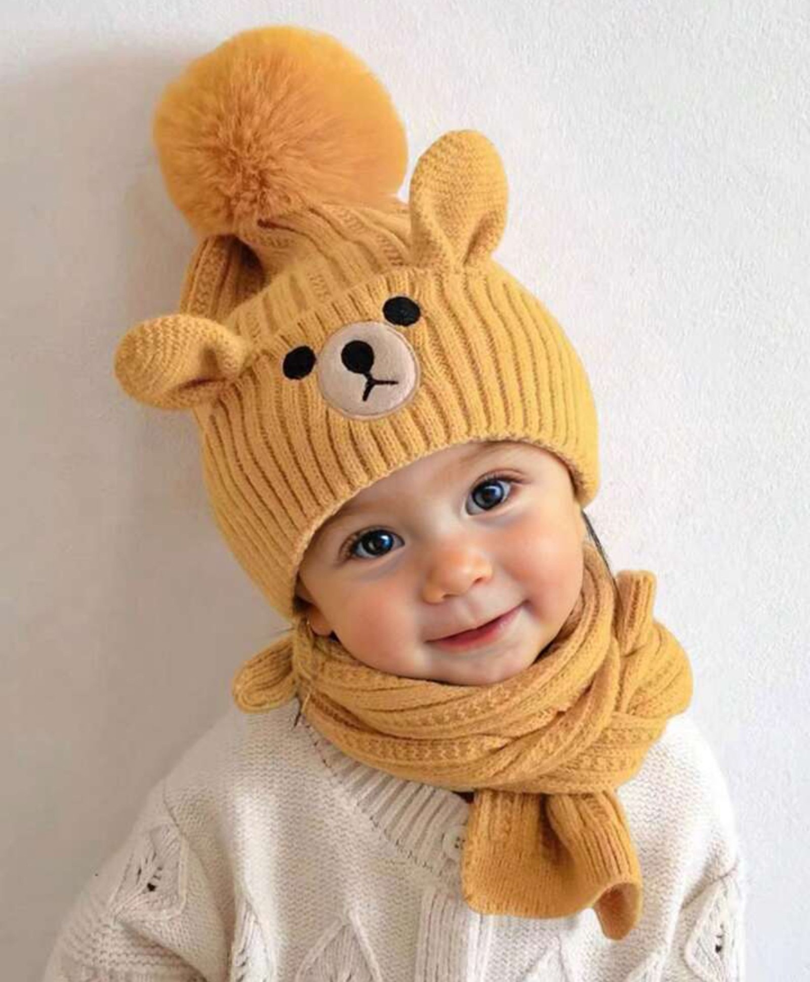 Ziory Bear & Ears Knitted Pompom Embellished Beanie Cap With Muffler - Mustard Yellow-picture-13