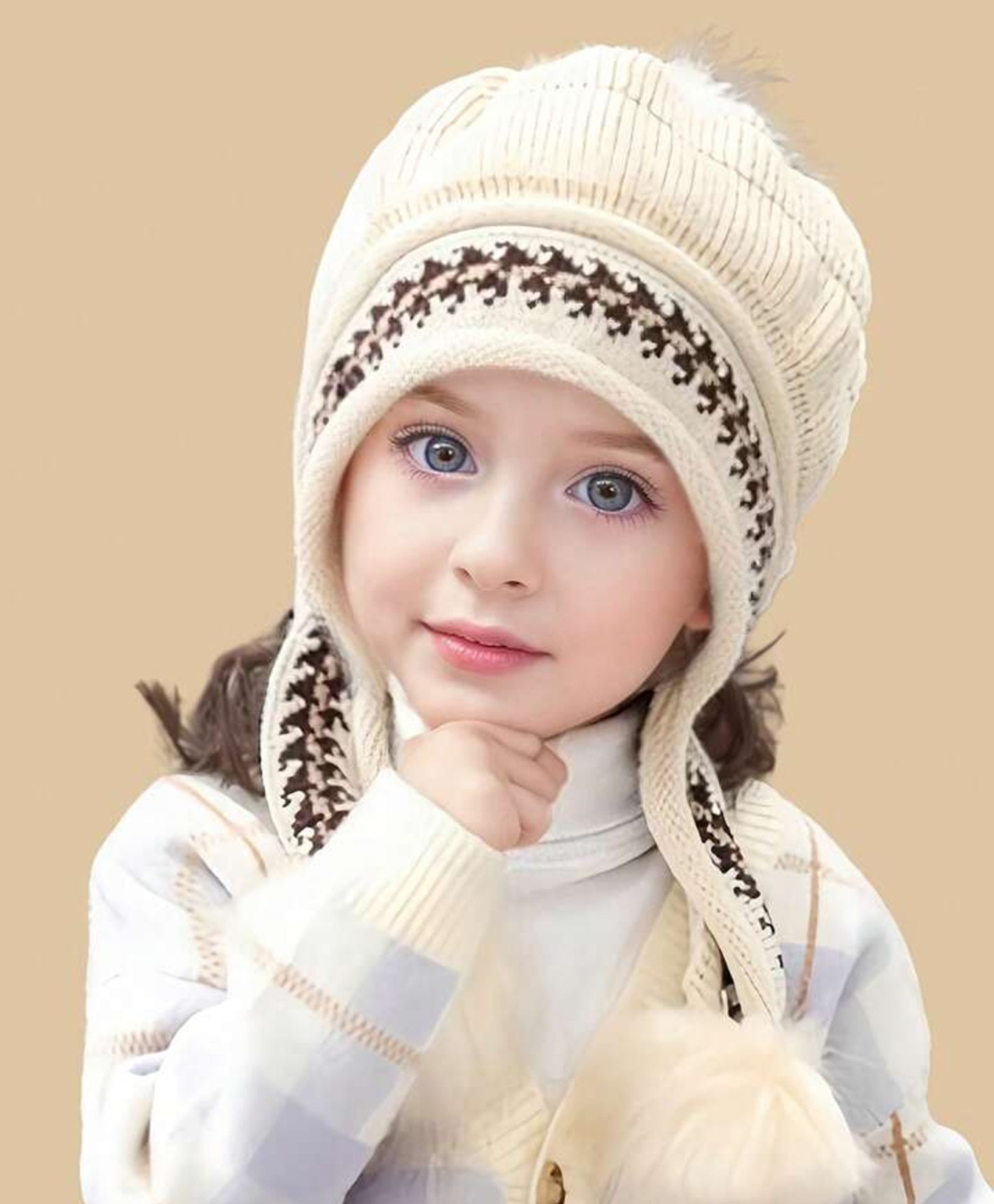 Ziory Pompom Embellished & Abstract Designed Cap With Ear Flaps - Beige-image-44