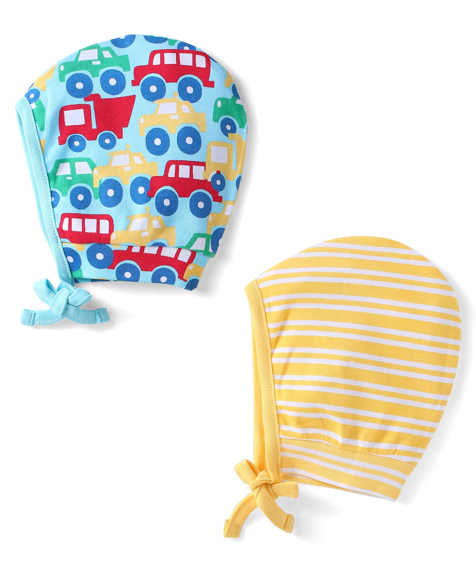 babyhug 100% cotton knit caps with stripes & vehicle print pack of 2 - yellow & blue
