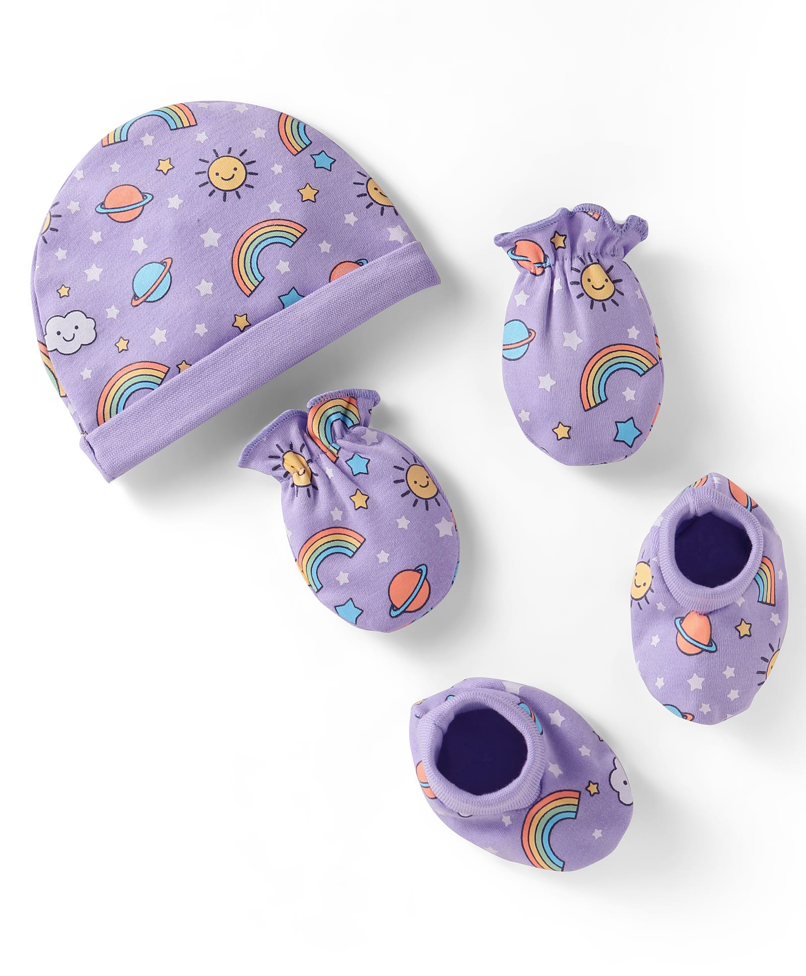 Babyhug Interlock Knit Cap Mittens & Booties Set with Space Theme Prints Lavender- Diameter 10 cm-image-48