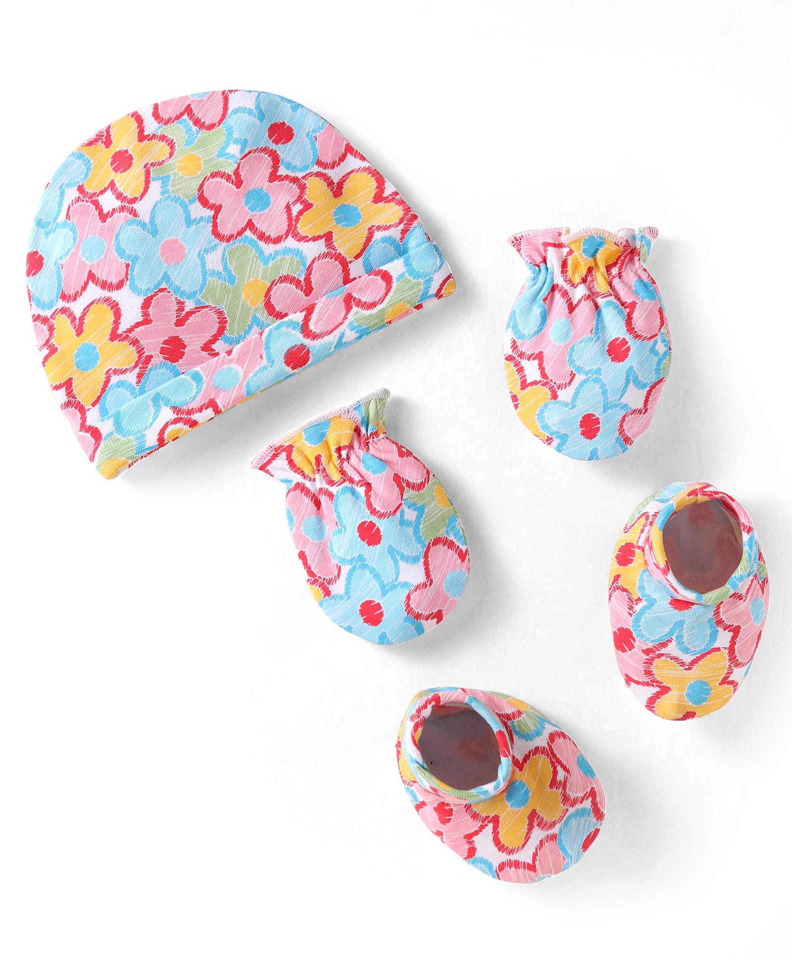 Babyhug Interlock Knit Cap Mittens & Booties Set with Floral Prints White - Diameter 10 cm-image-36