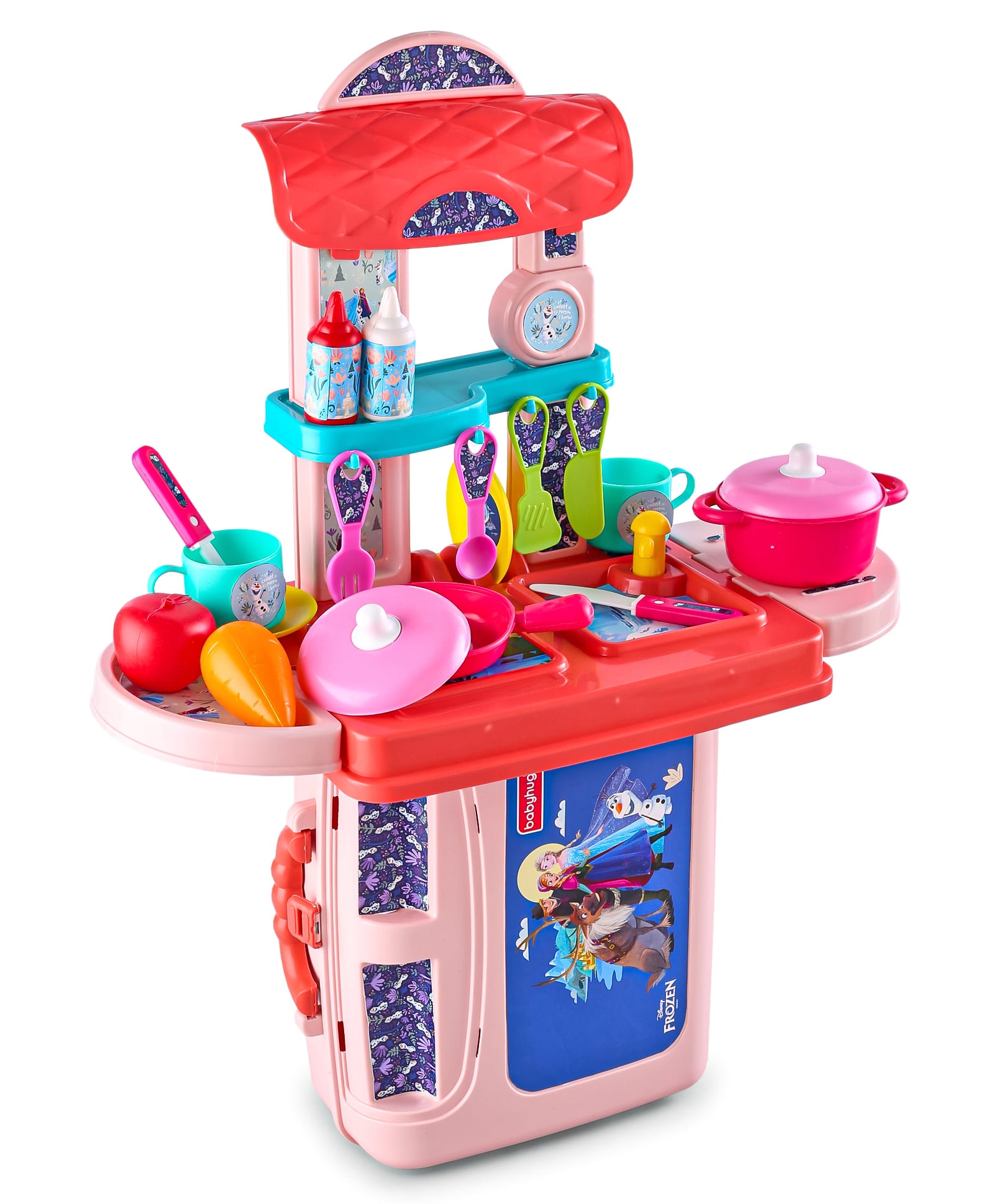 Babyhug Disney Frozen Sisters Theme Kitchen Play Set - Pink| 3 in 1 Portable Pretend Food Party Role Play| Kids Cooking Set| Toy for Kids with 32 Pcs & 2 Sticker Set| Gift for Girls