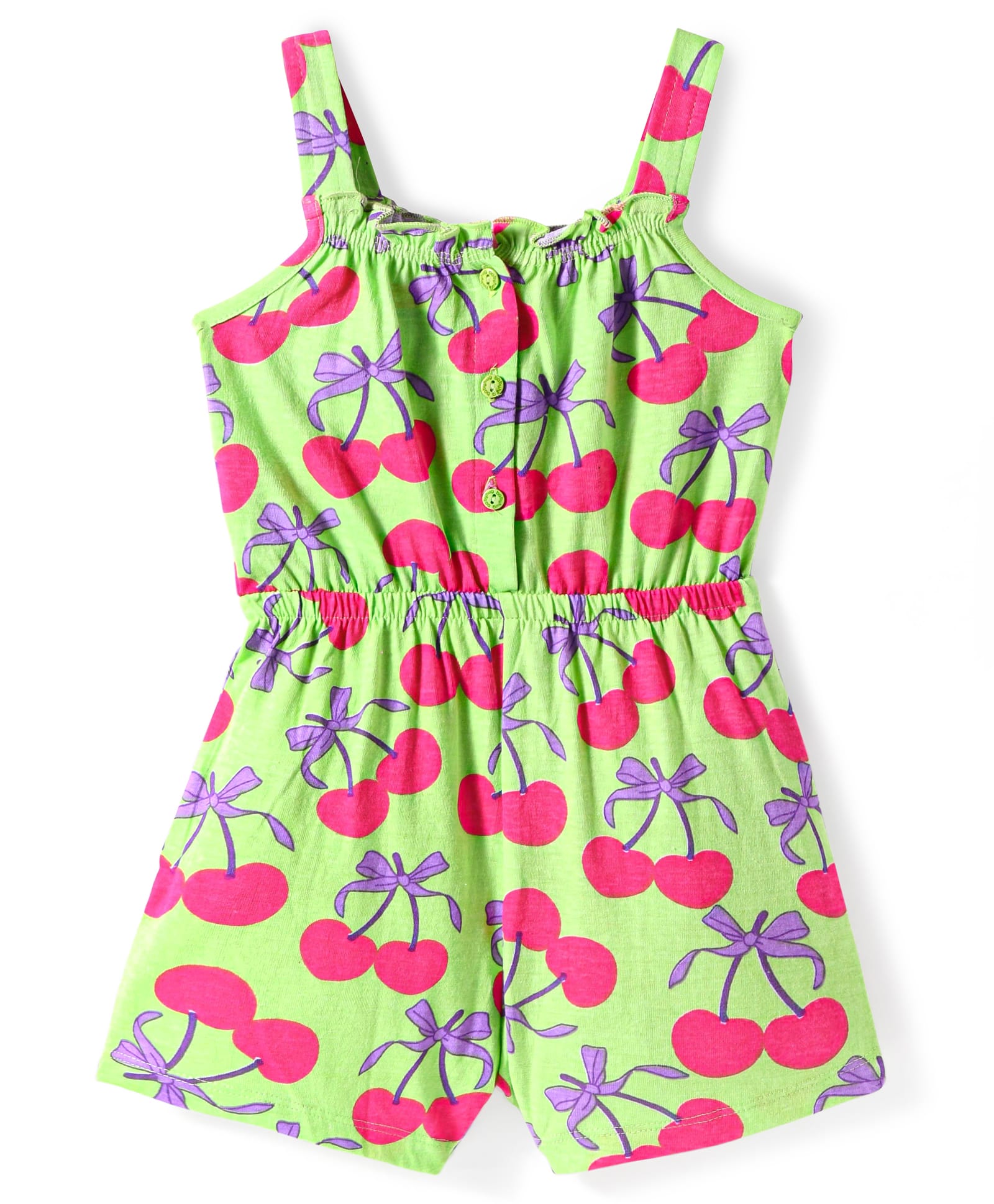 Babyhug Cotton Knit Sleeveless Jumpsuit With Cherry Print - Neon Green-image-39