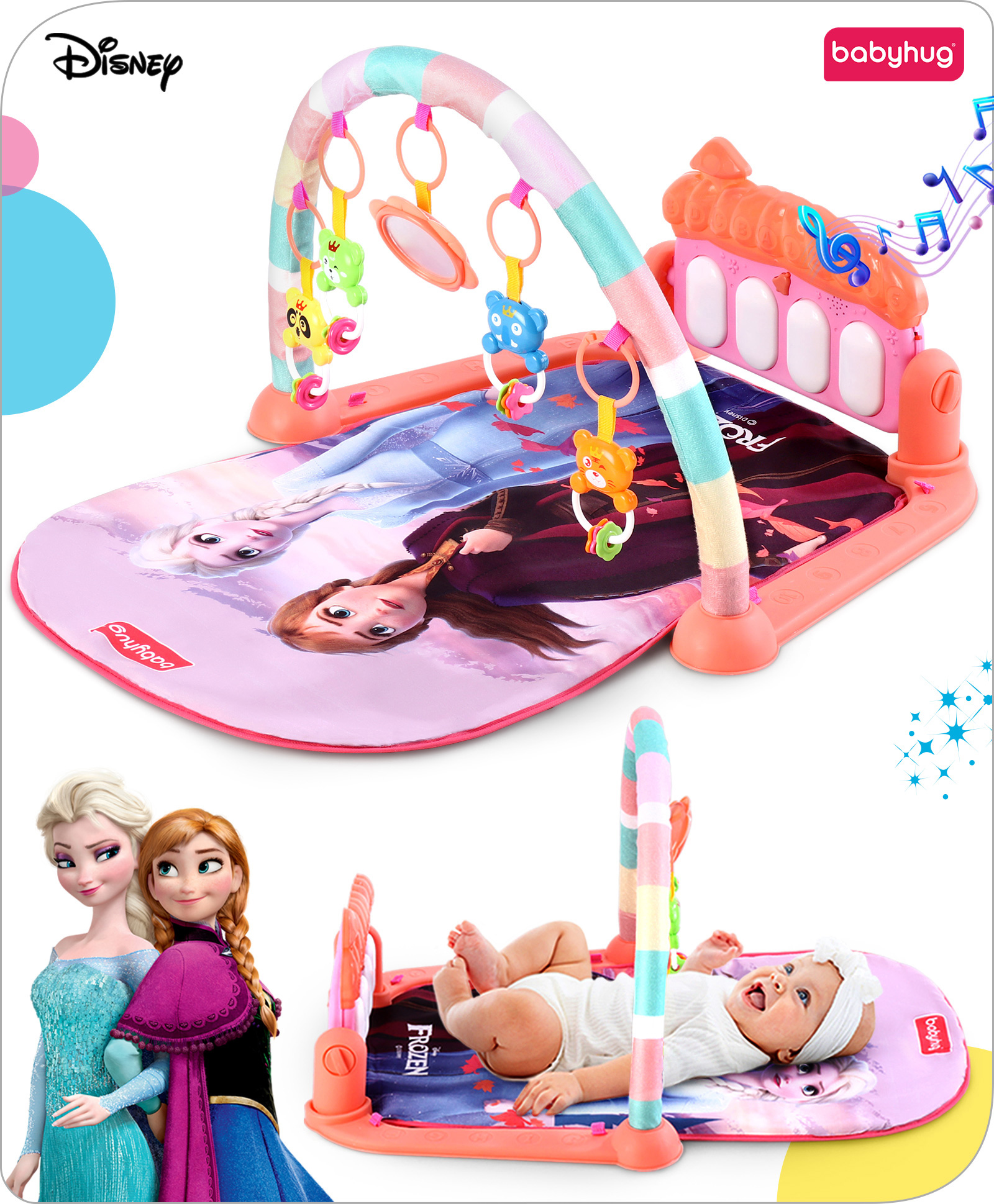 Babyhug Disney Frozen Baby Kick and Play Piano Play Gym with Lights and Music - Orange| 5 Hanging Rattles with Musical Keyboard| Ideal Gifting Option - Multicolor