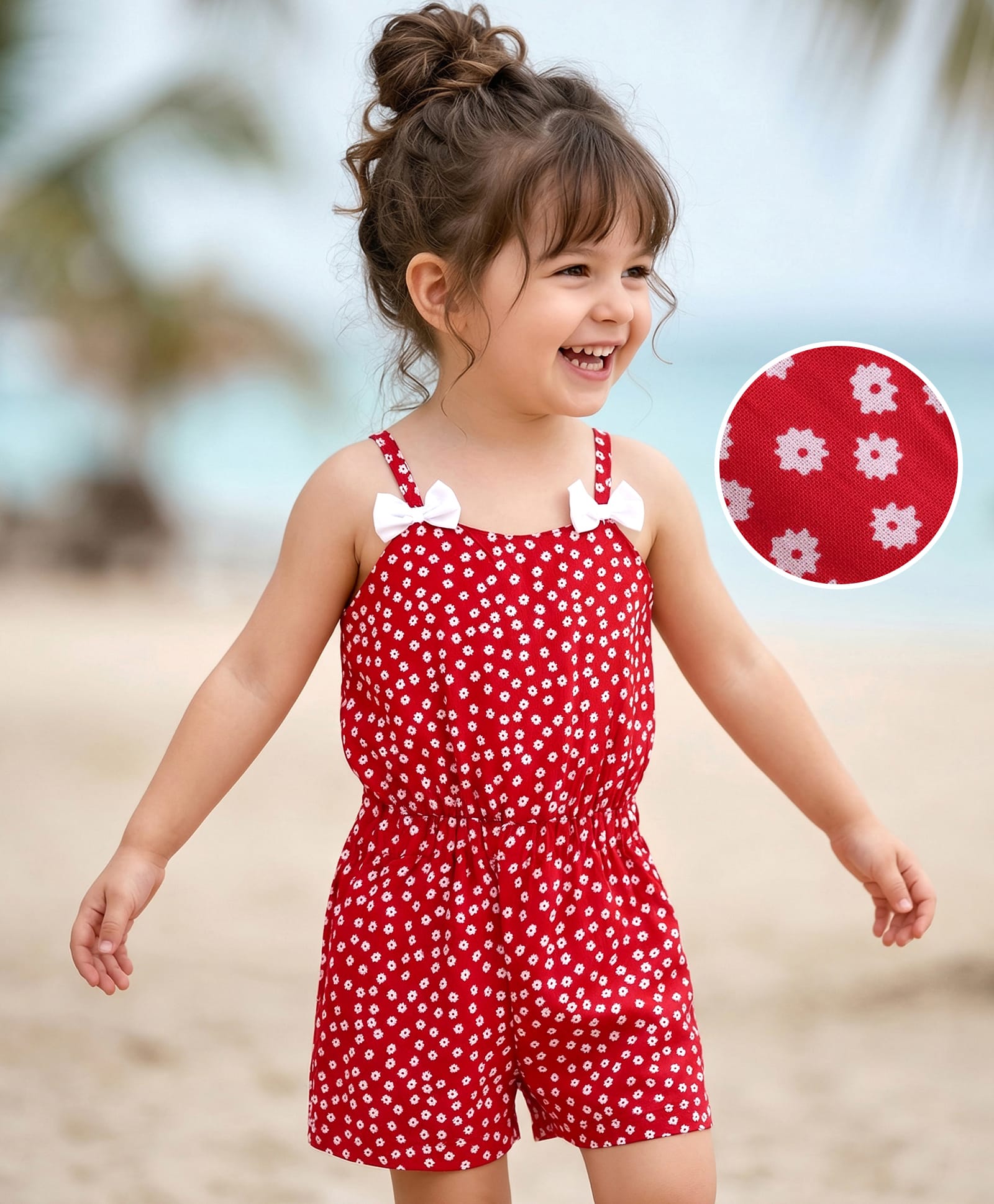 Mark & Mia Cotton Woven SleevelessKnee Length SingletJumpsuit with Flower Print & Bow Applique - Red-picture-16