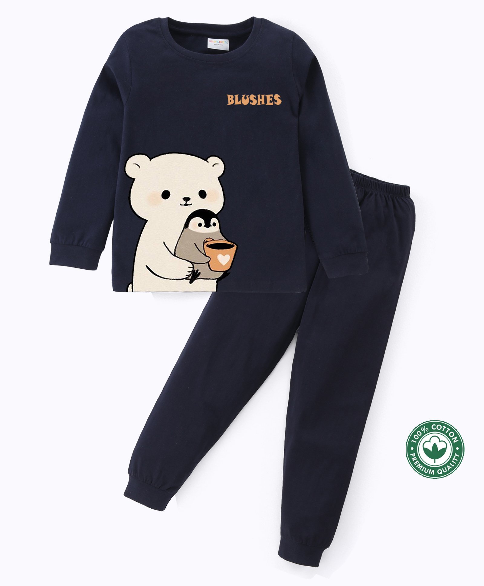 BLUSHES 100% Cotton Knit Full Sleeves Polar Bear & Penguin Printed Coordinating Night Suit - Navy Blue