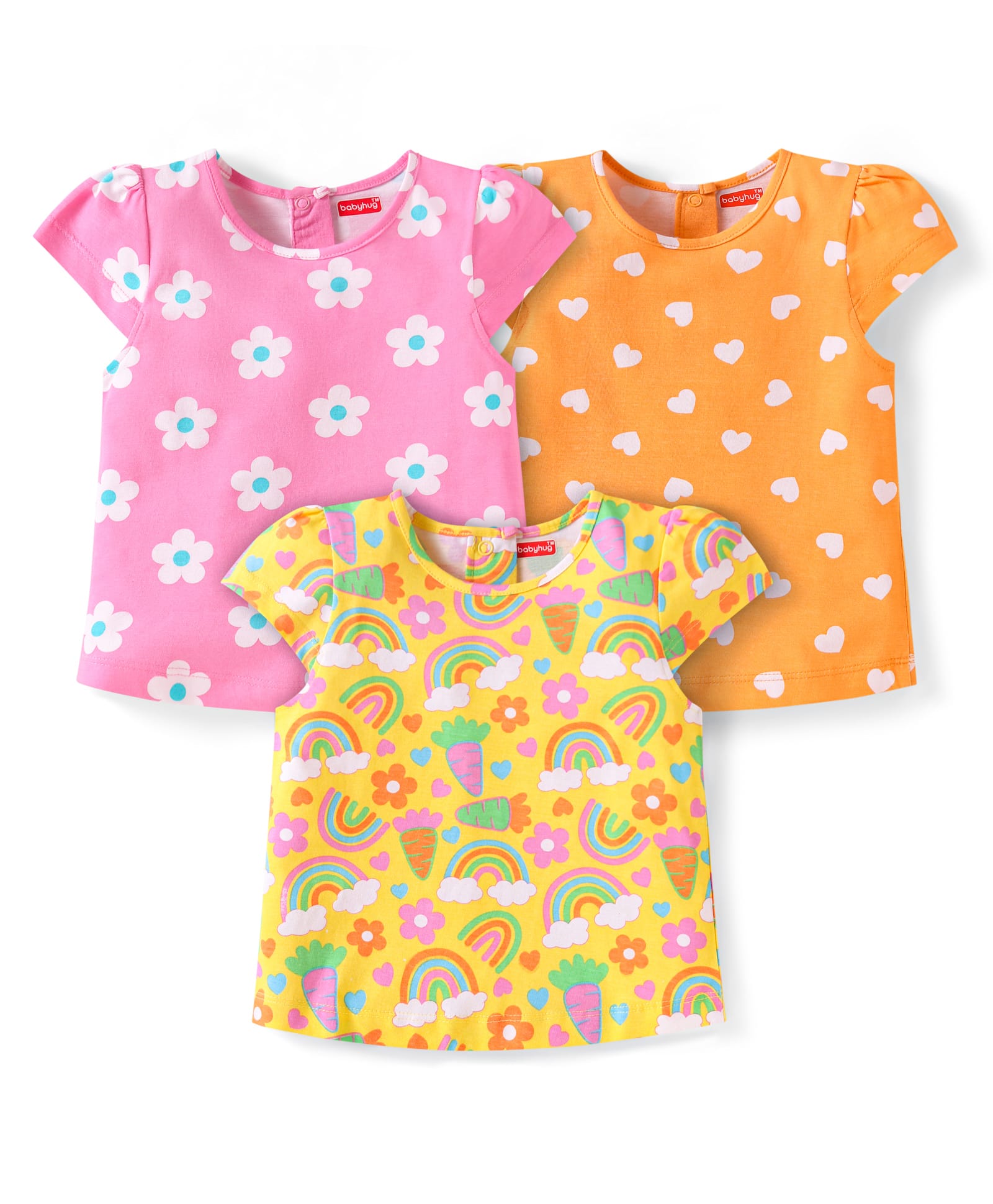 Babyhug Cotton Knit Cap Sleeves T-Shirts with with Floral & Hearts Print Pack of 3 - Yellow Orange & Pink-image-18