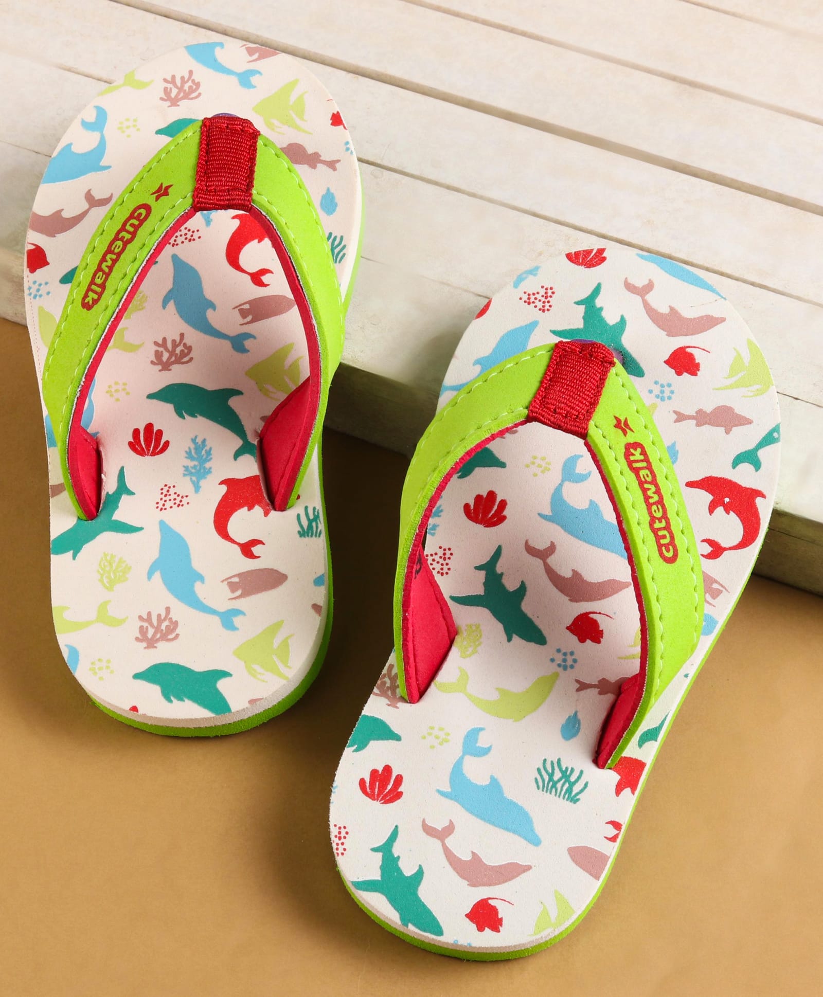 Cute Walk by Babyhug Slip on Flip Flops with Sea Life Print - Light Green & Offwhite-picture-18