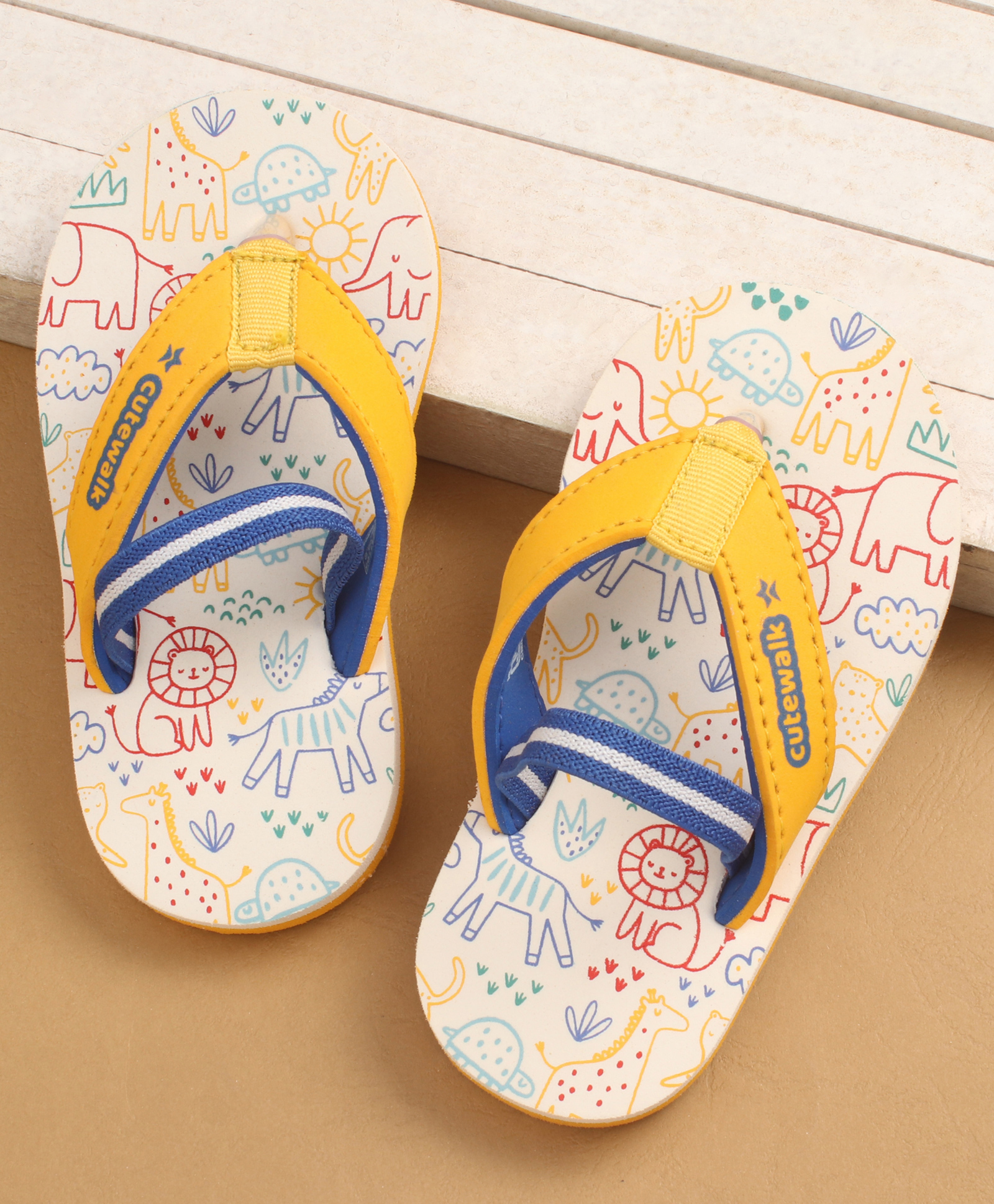 Cute Walk by Babyhug Flip Flops with Back Strap Closure & Animal Print - Yellow Blue & White