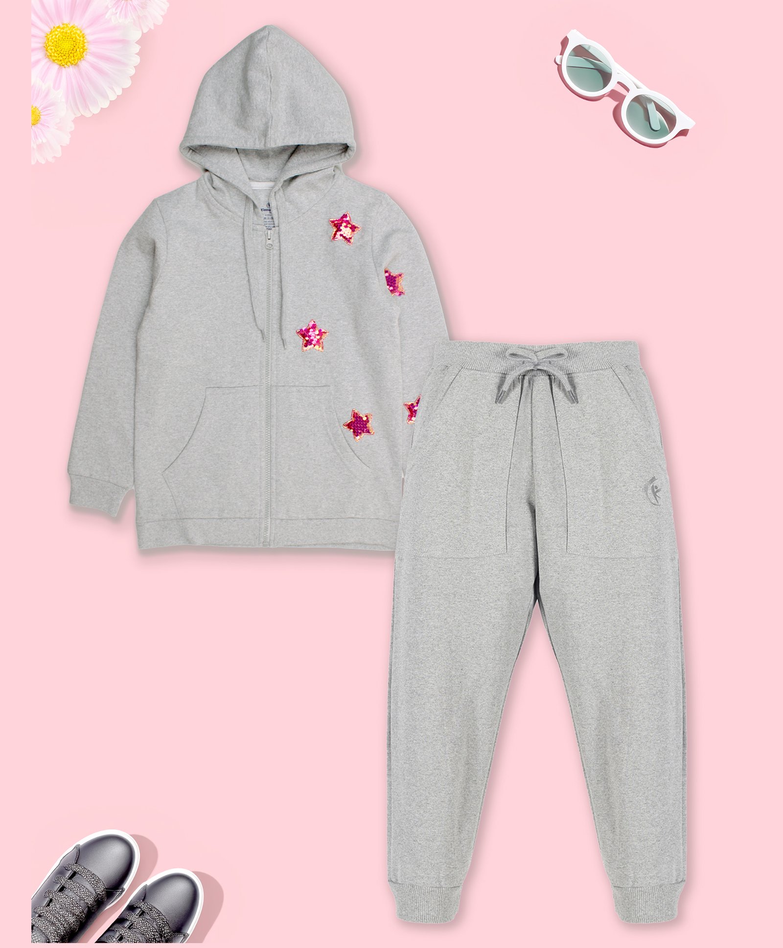 Kiddopanti Fleece Full Sleeves Heart Appliques Front Zip Opening Hooded Sweatshirt With Joggers - Grey Melange-picture-38
