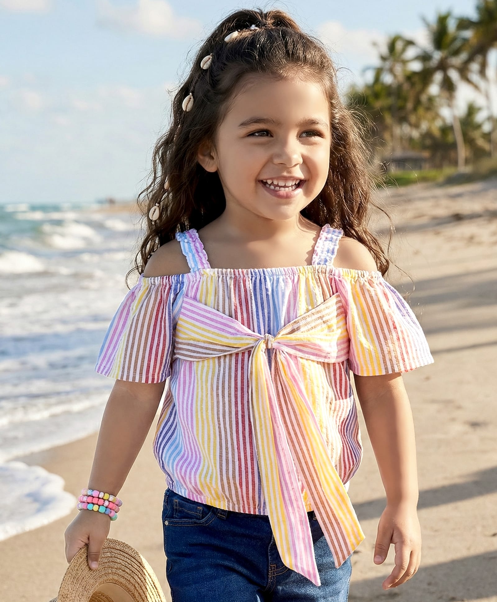 Babyhug Woven Cold Shoulder Top with Stripes - Pink & Yellow-image-35