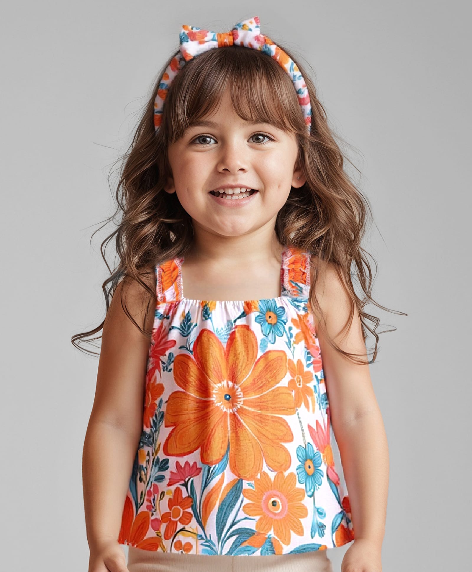 Babyhug Rayon Woven Sleeveless Top with Headband & Floral Print - Orange-image-10