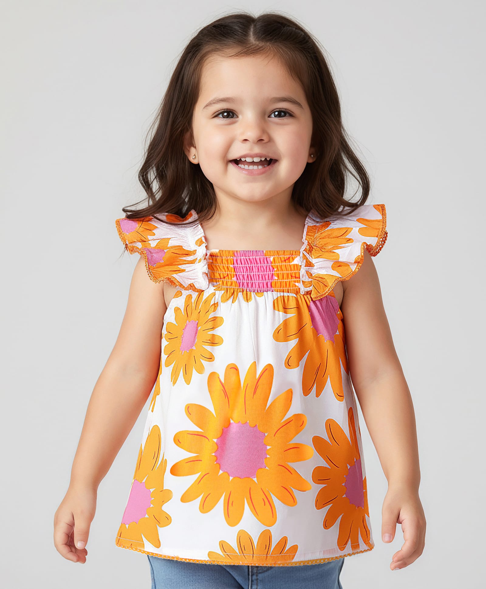 Babyhug Woven Sleeveless Top With Smock Detailing & Floral Print - White & Orange-image-25