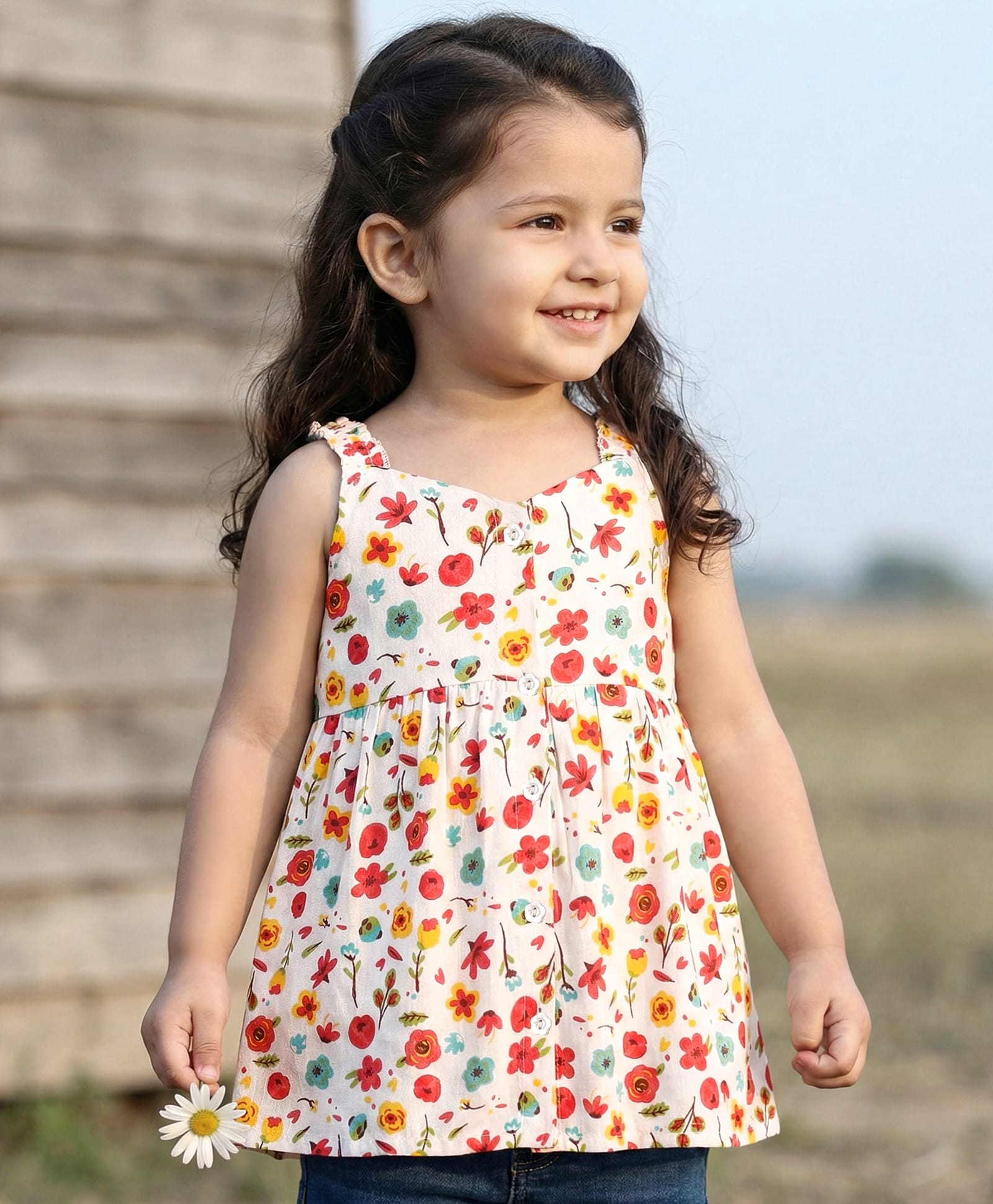 Babyhug Woven Sleeveless Top With Floral Print - White