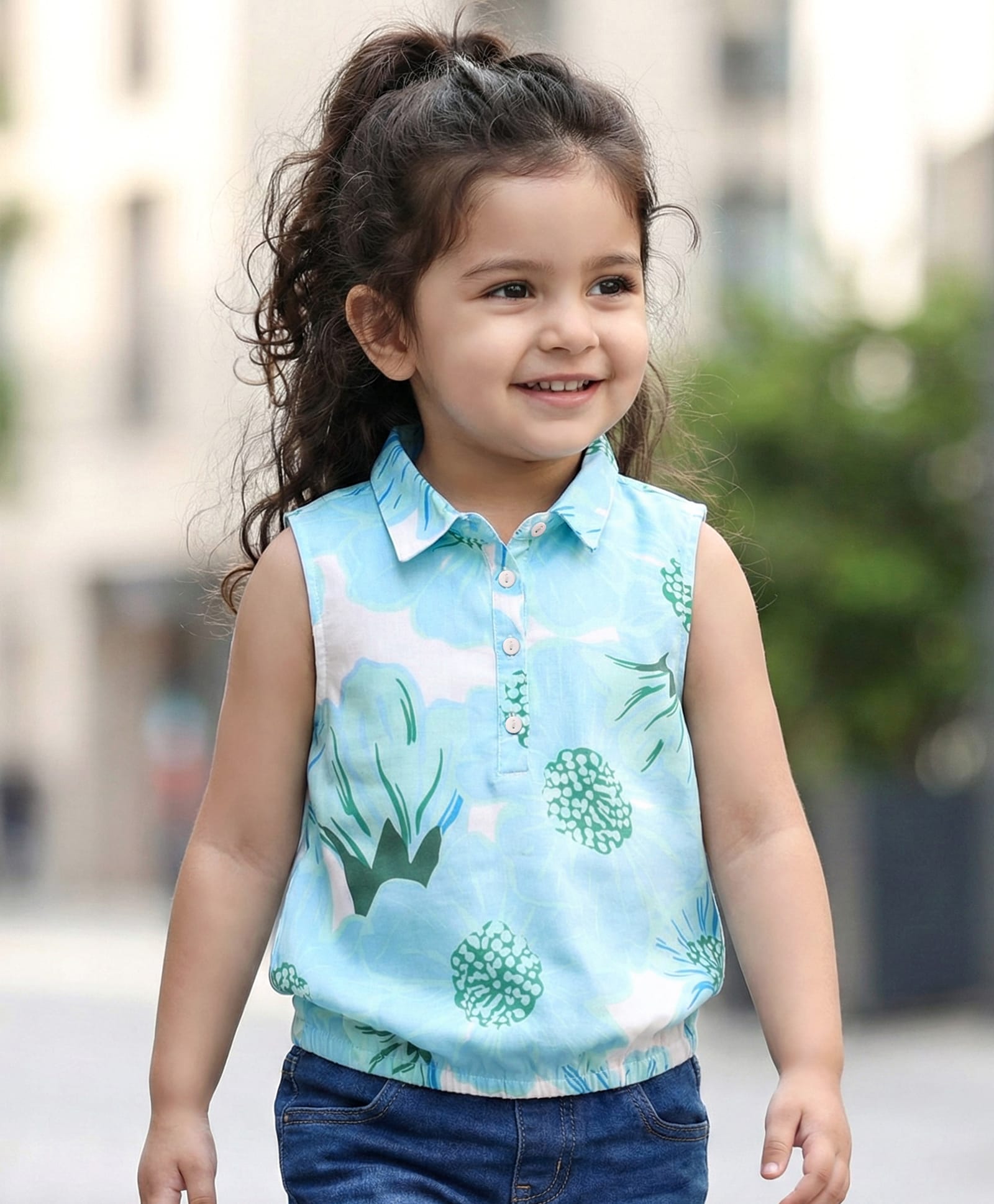 Babyhug Rayon Woven Sleeveless Top with Floral Print - Light Blue-picture-24