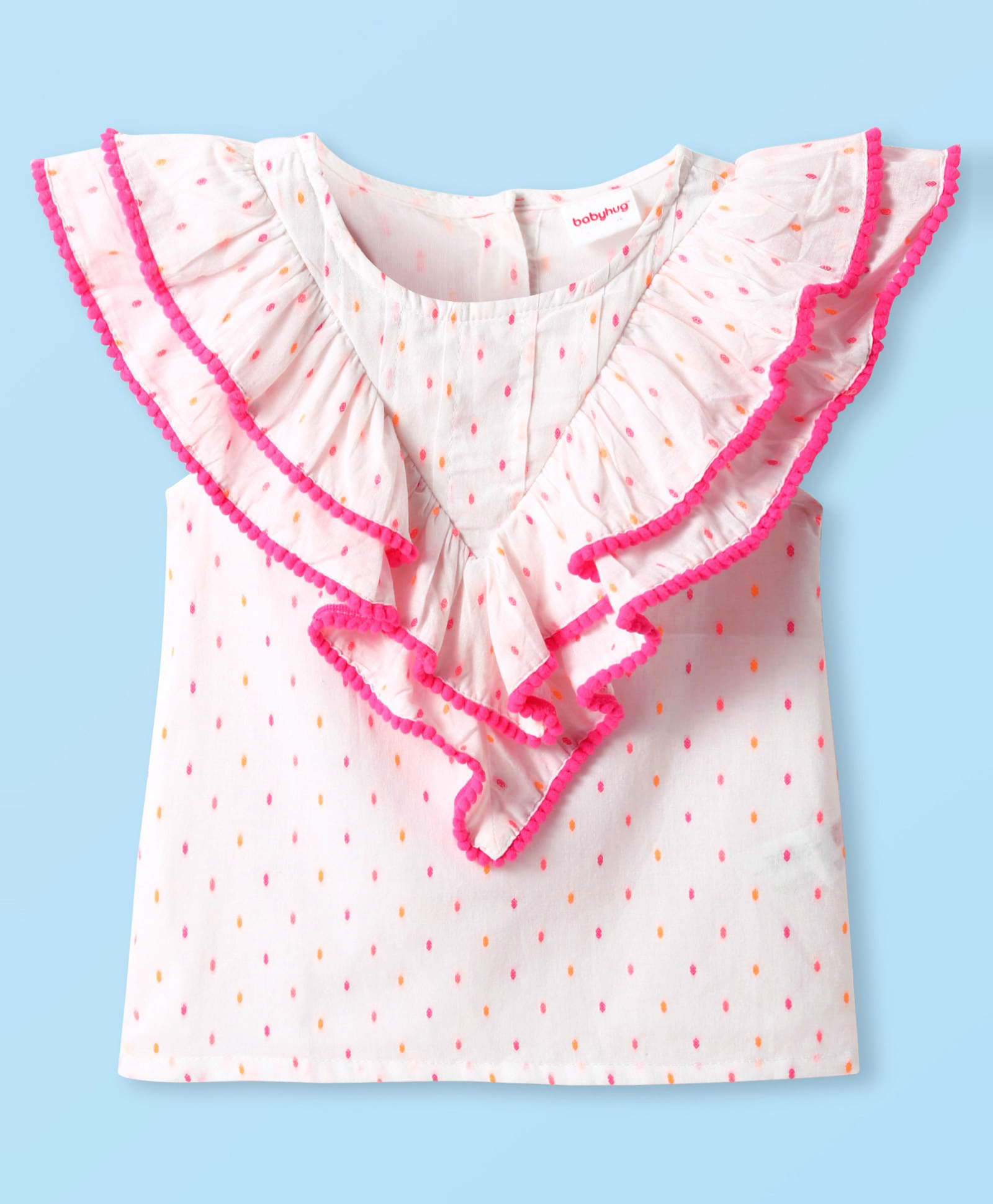 Babyhug Woven Sleeveless Top With Frill & Polka Dots - Pink & White-picture-19