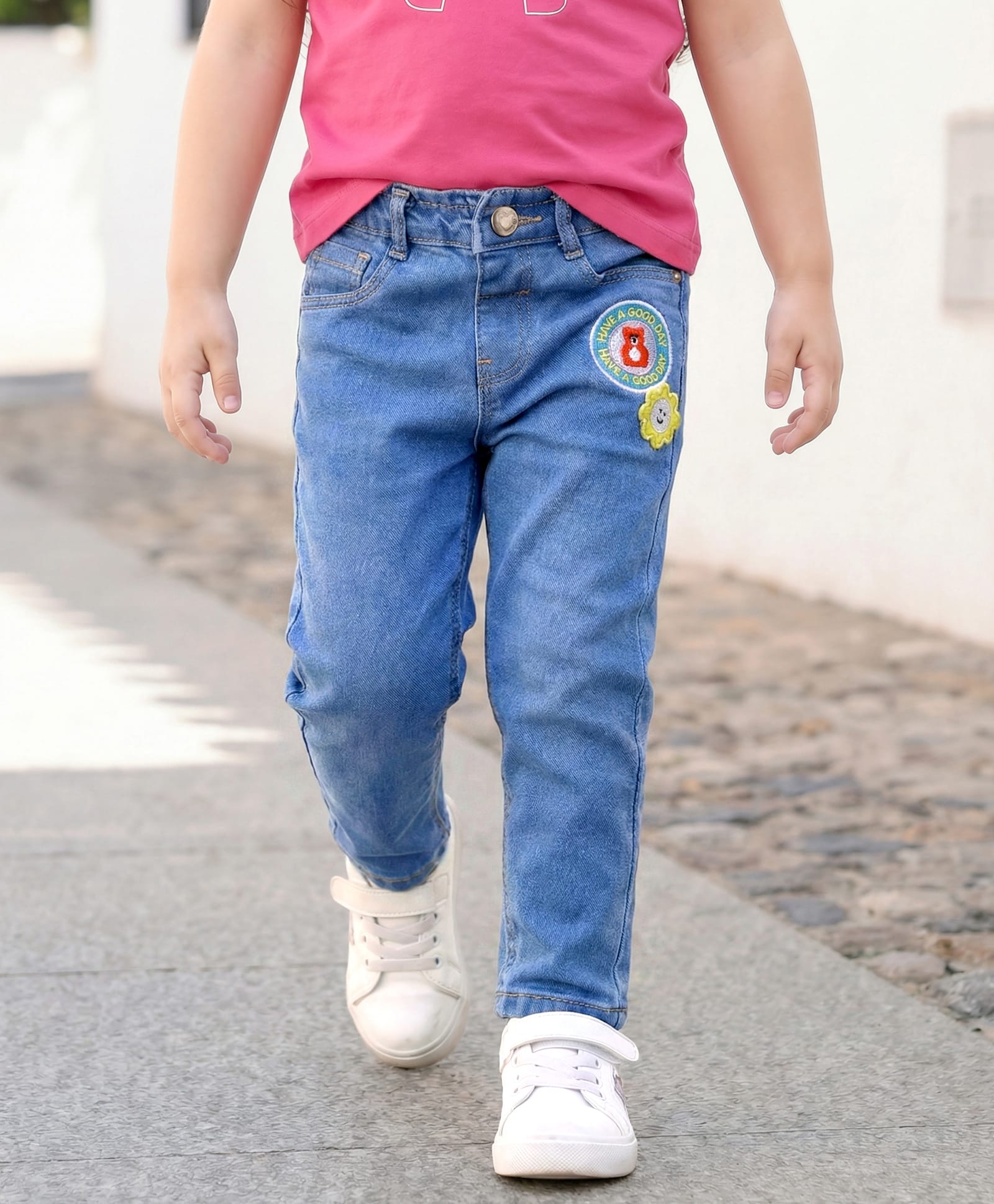 Babyhug Full Length Washed Denim Jeans With Stretch Animal & Floral Patch - Blue-picture-27