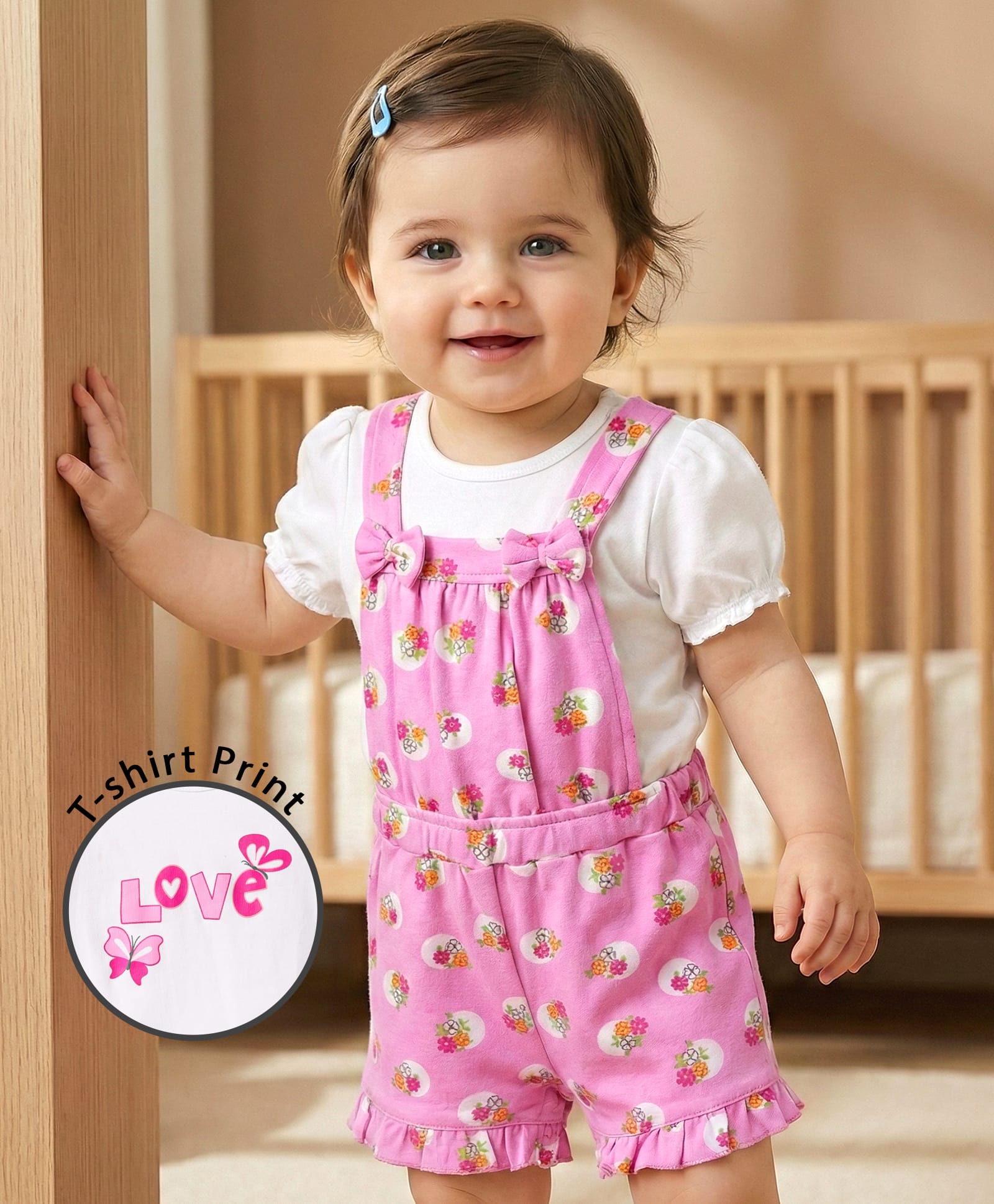 Babyoye 100% Cotton Terry Knit Dungaree & Half Sleeves T-Shirt With Floral Print & Bow Applique - Pink-picture-15