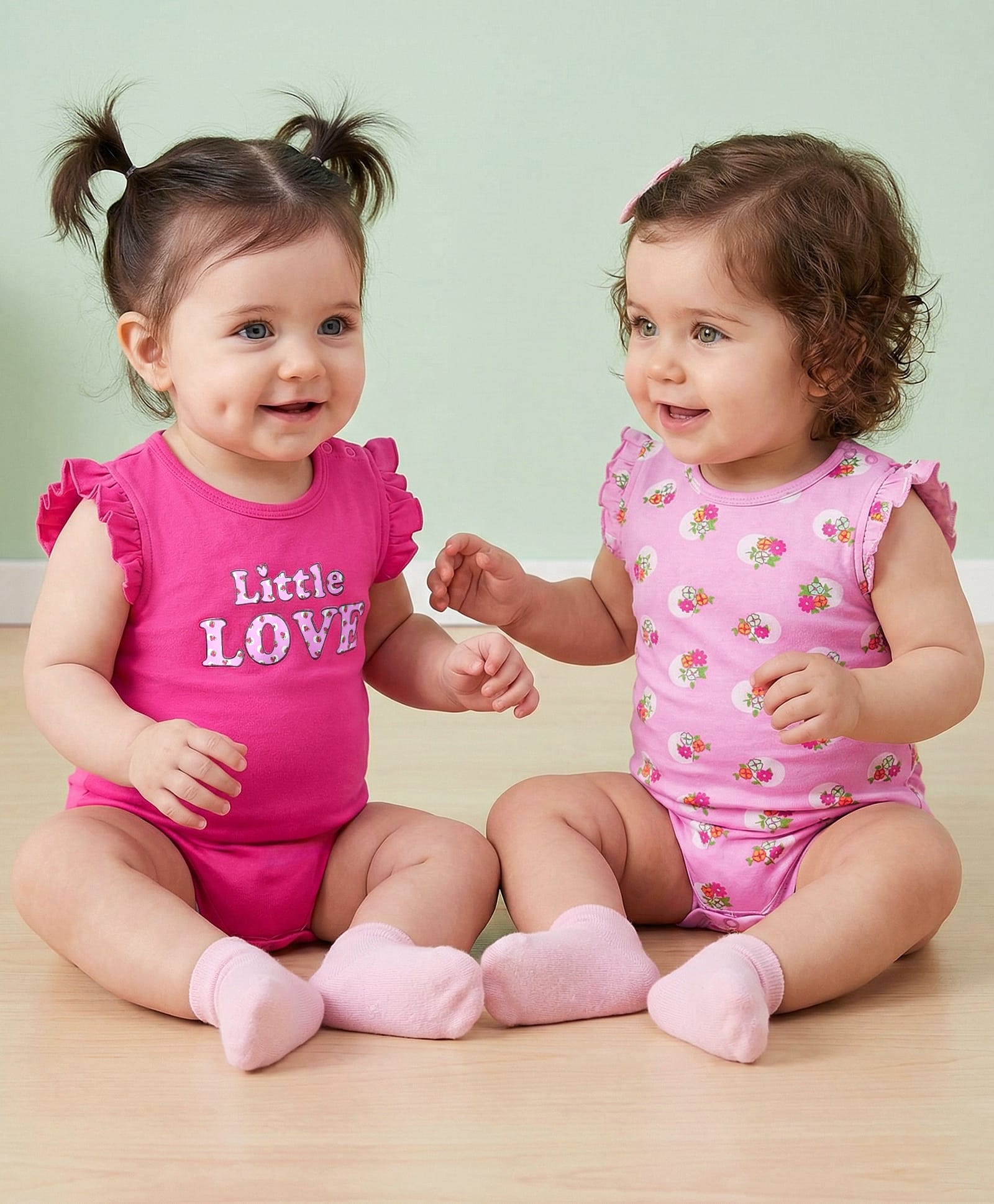 Babyoye Interlock Knit Frill Sleeves Onesies With Floral & Text Print Pack of 2 - Dark & Light Pink-image-44