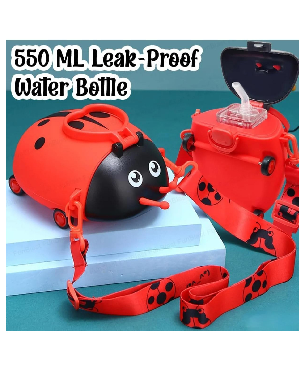 AKN TOYS Lady Bug Shape Water Bottle With Adjustable Shoulder Strap Portable Drinking Cup Sipper Water Bottle with 4 Wheel & Straw For Kids (550 ml, Bug)( Color May Vary)-image-14